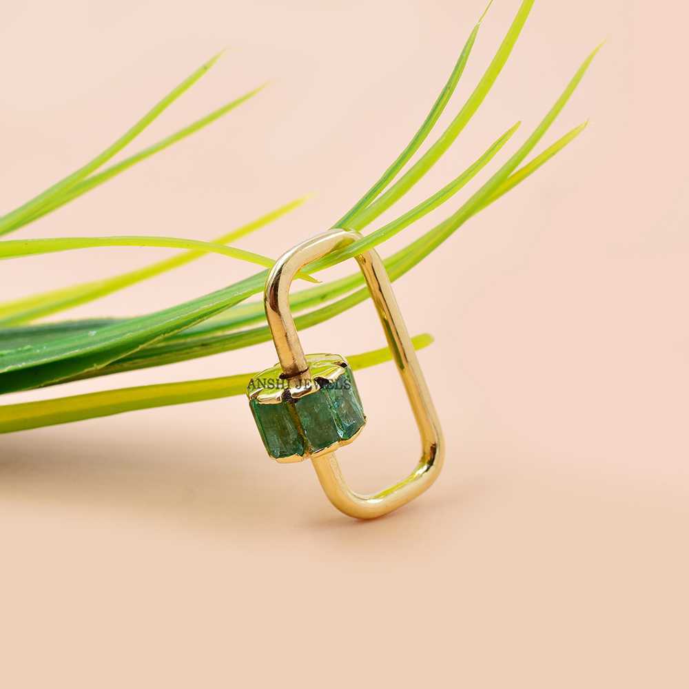 14K Yellow Gold Emerald Baguette Carabiner Lock