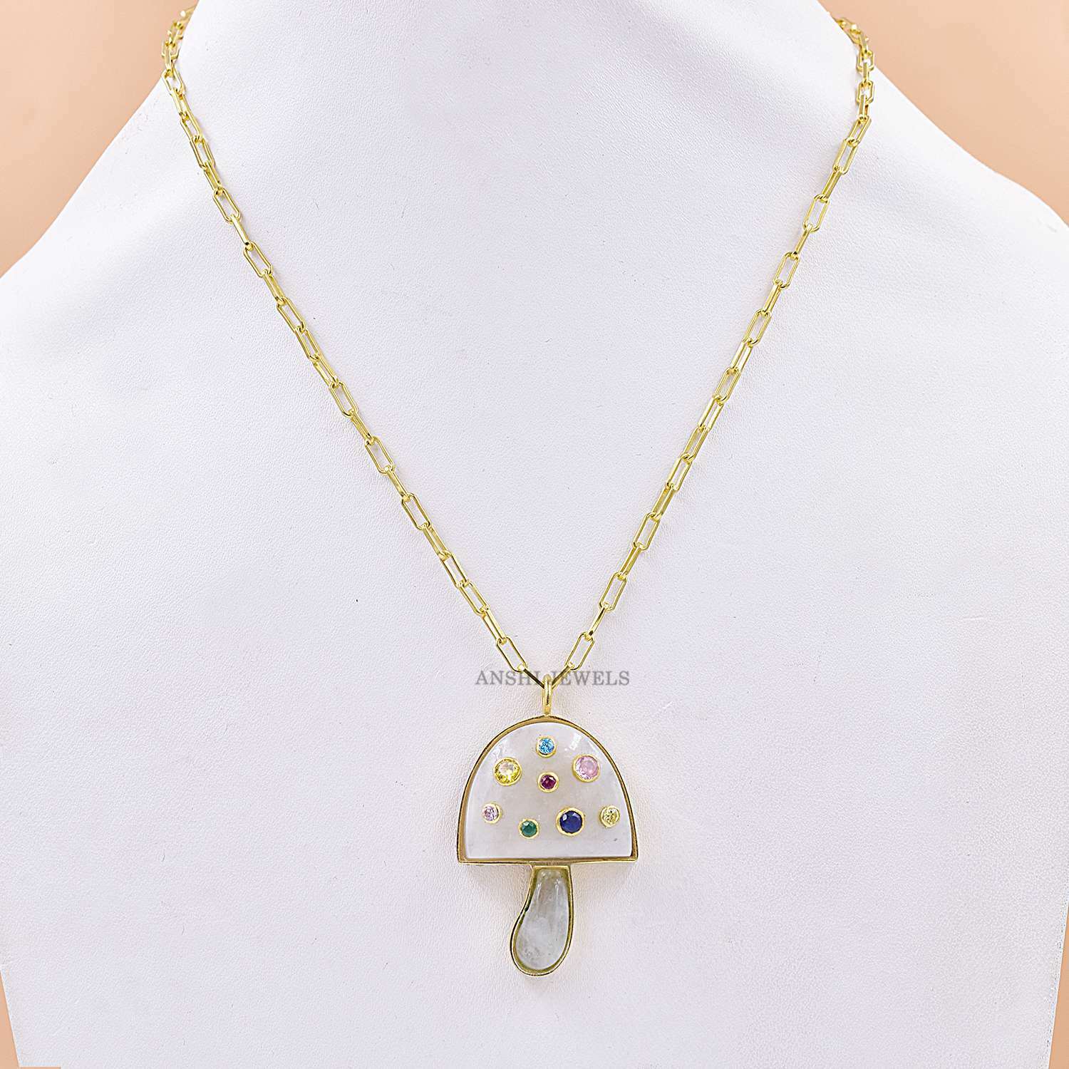 14K Gold Plated Moonstone Mushroom Necklace - Image 3