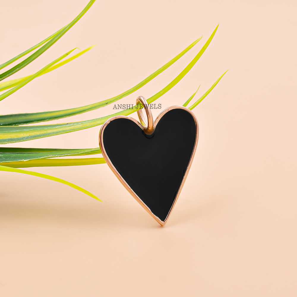 14K Yellow Gold Plated Heart Charm, Black Enamel Heart Charm - Image 4