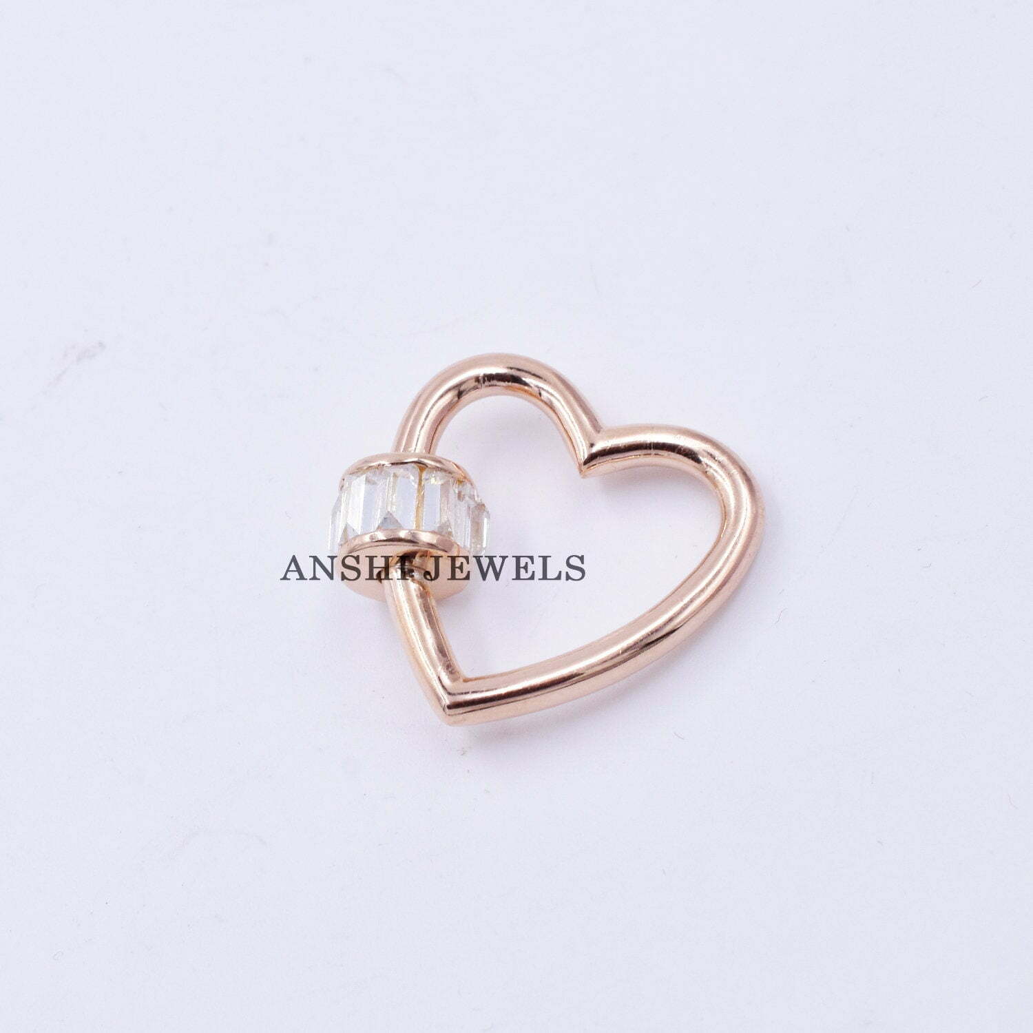 14K Rose Gold White CZ Baguette Carabiner Lock - Image 2