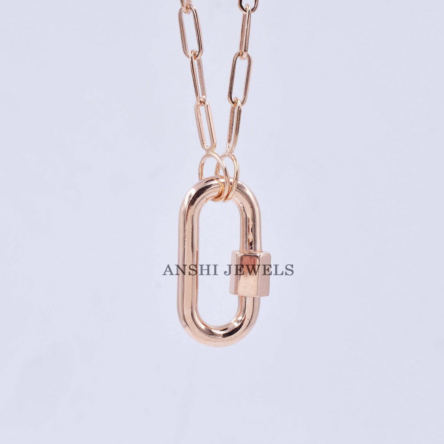 14K Gold Large Open Link Chain with Diamond Carabiner Necklace 14K Rose Gold / 18 +$300