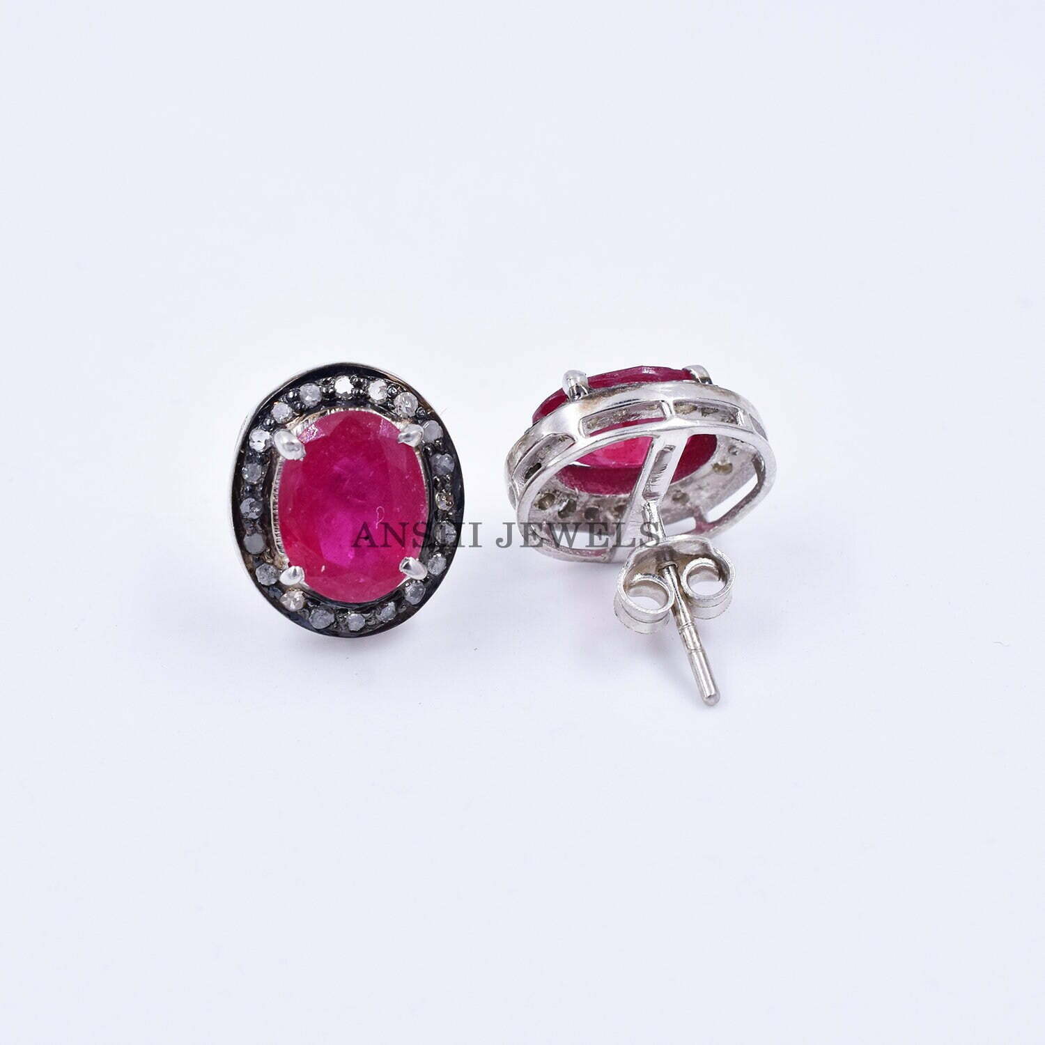 Natural pink sapphire stud earring, pave diamond gemstone stud earring - Image 2