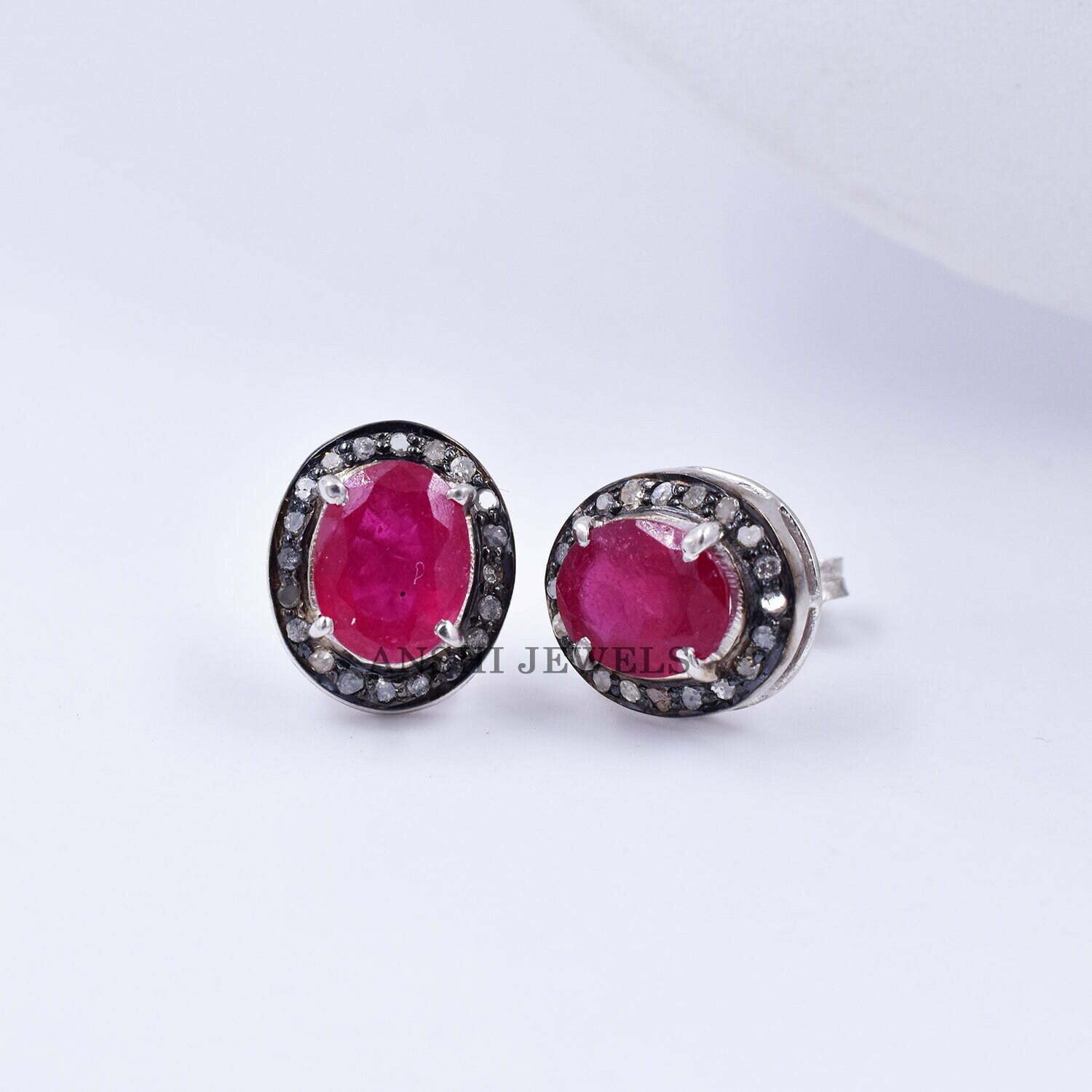 Natural pink sapphire stud earring, pave diamond gemstone stud earring