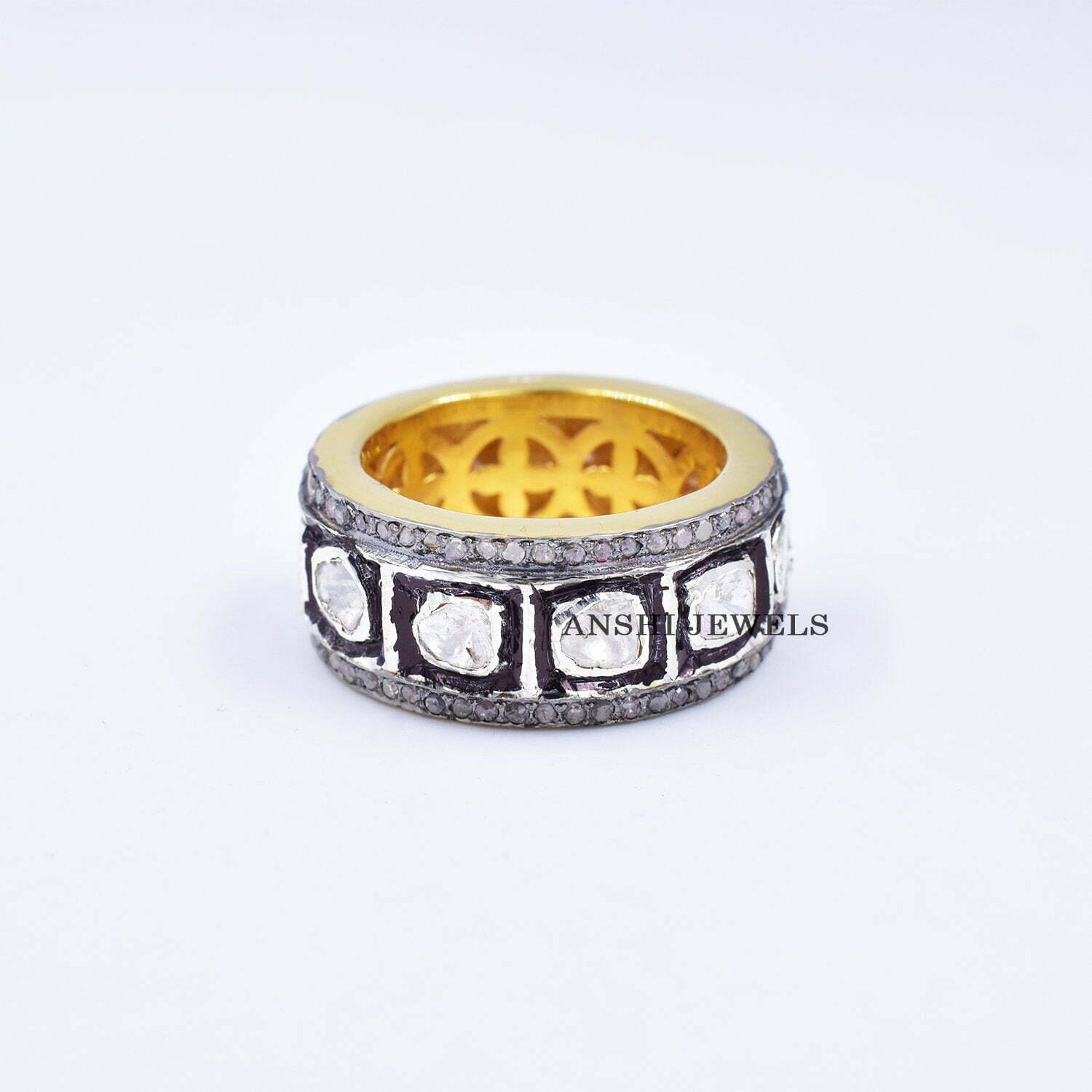 Handmade uncut diamond band ring, Pave diamond band ring,