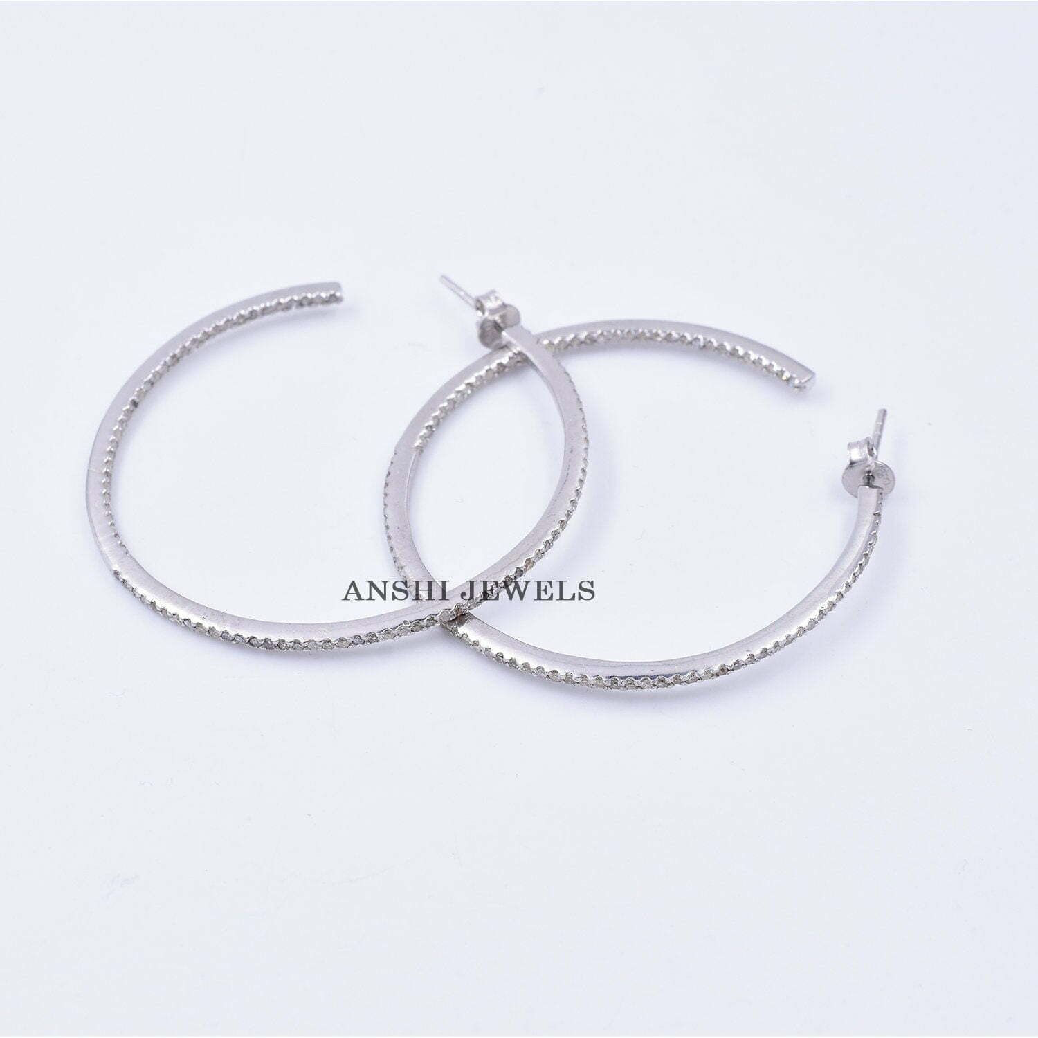 Gray plated designer earring, Designer diamond hoop earring, 925 sterling silver diamond hoop earring - Image 7