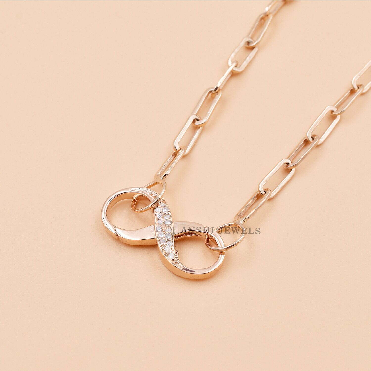14k Rose Gold Infinity Lock, Diamond Infinity Charms Lock, Infinity Charm Enhancer Lock, Woman Jewelry Connector Lock - Image 4