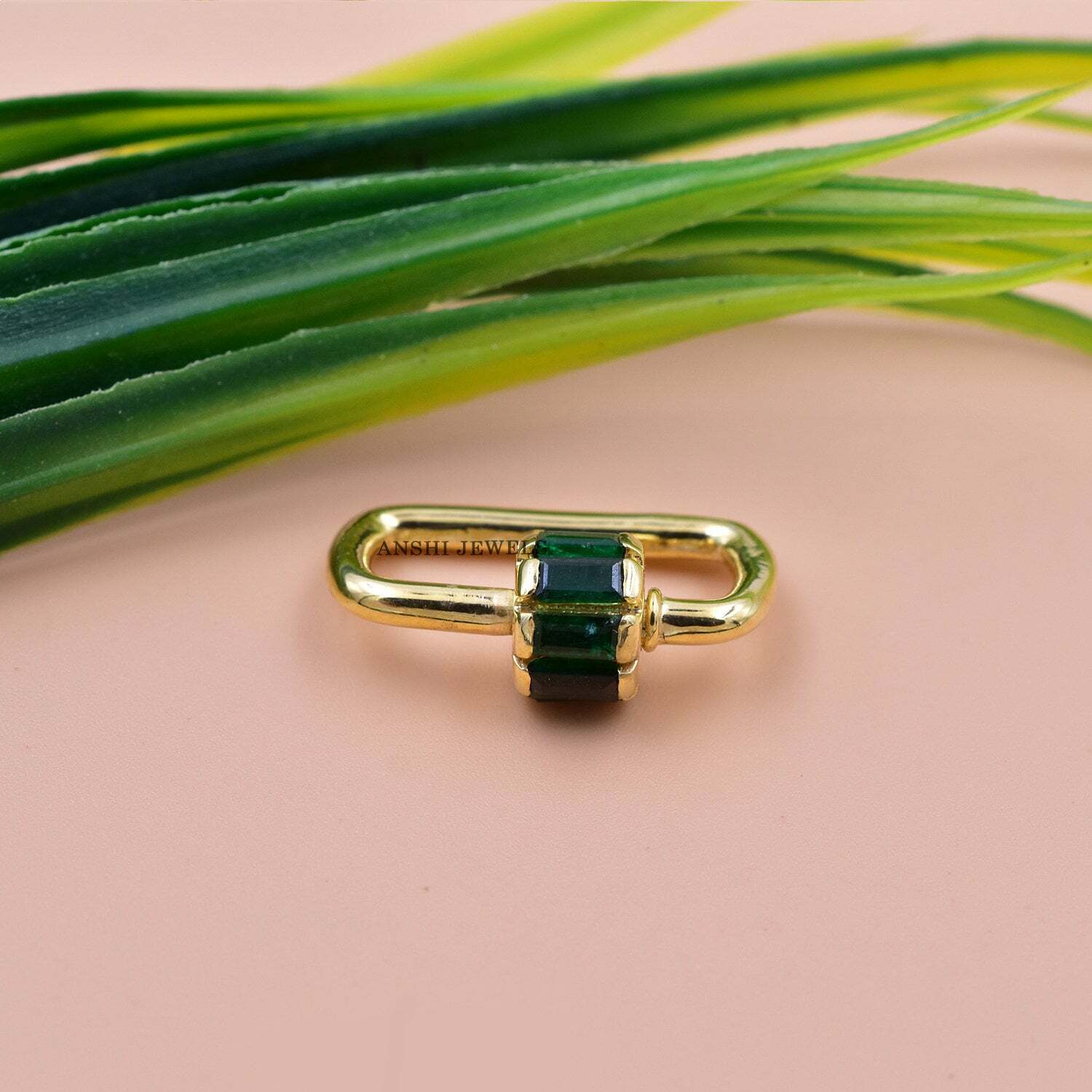 14K Yellow Gold Emerald Baguette Carabiner Lock - Image 4
