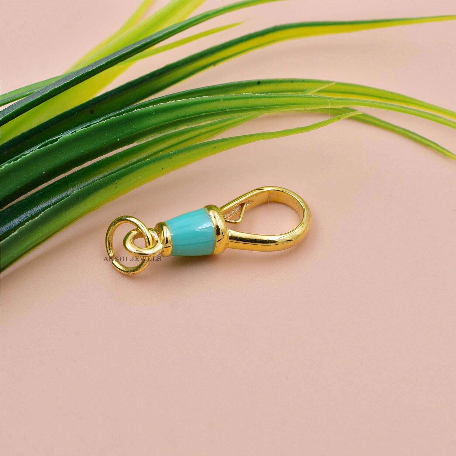 14k Solid Gold Swivel Clasp Lock, Enamel Swivel Clasp Lock, Green Enamel Charm Lock, Connector Swivel Lock - Image 3