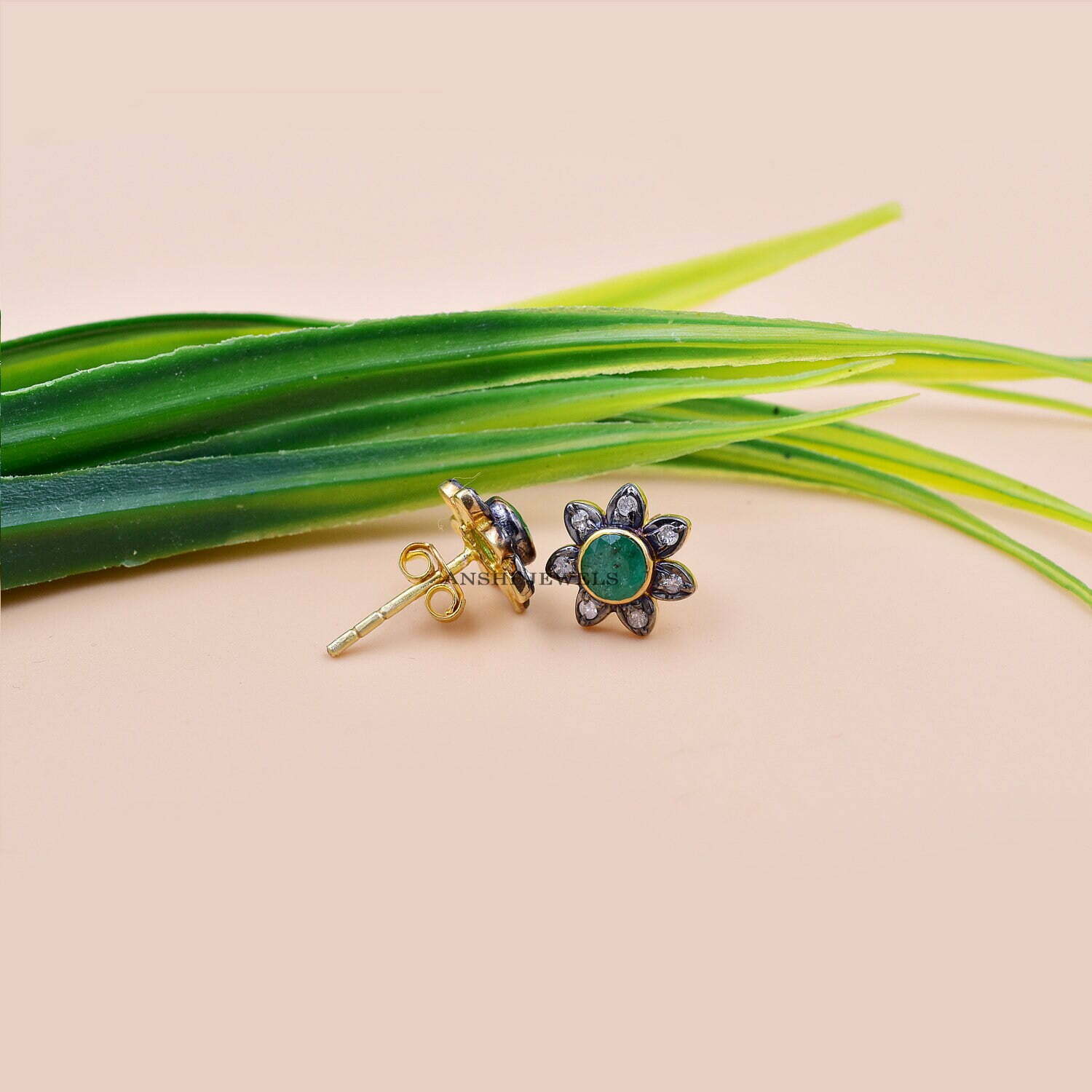 14K Yellow Gold Plated & Black Rhodium Stud Earring, Pave Diamond Drop Stud Earring, Christmas Earring Jewelry - Image 2