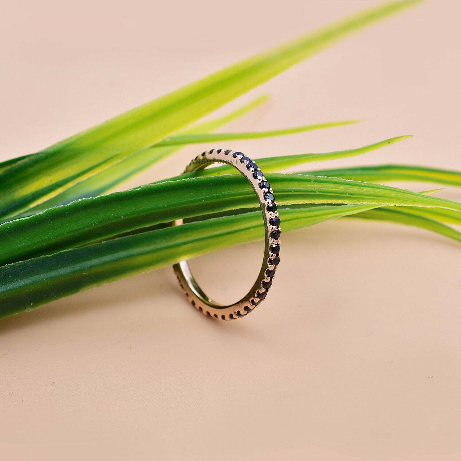 14K Solid Rose Gold Band Ring, Pave Diamond Ring, Woman Micro Thin Band Ring, Black Diamond Band Ring - Image 3