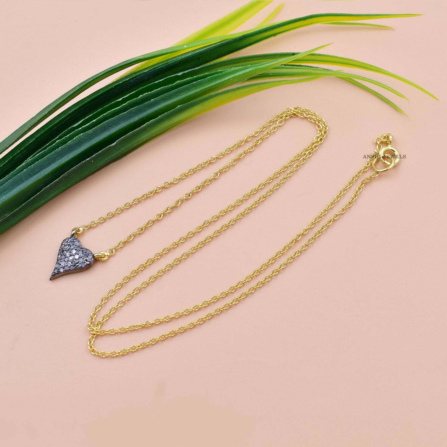 14K Yellow Gold Plated Heart Necklace, Pave Diamond Heart Chain Necklace - Image 2