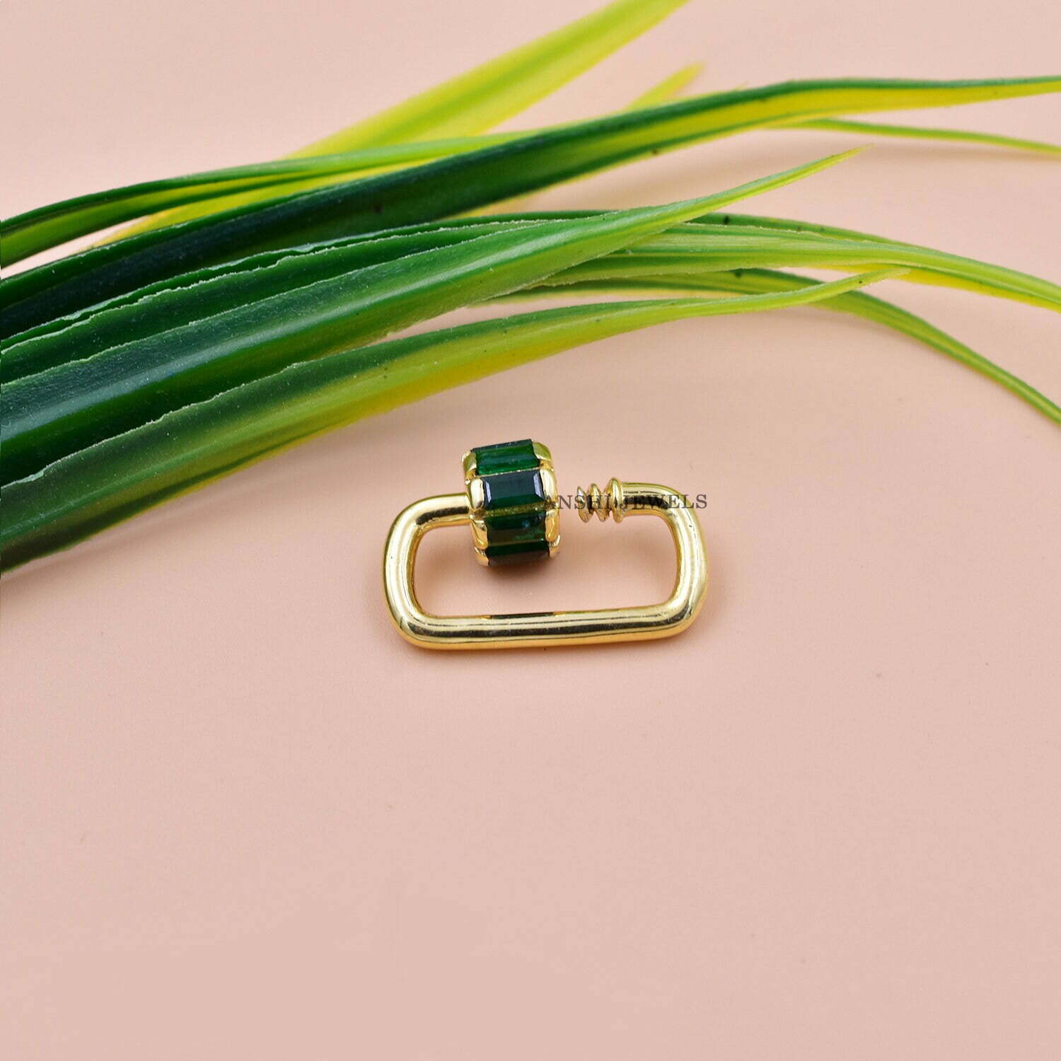 14K Yellow Gold Emerald Baguette Carabiner Lock - Image 6