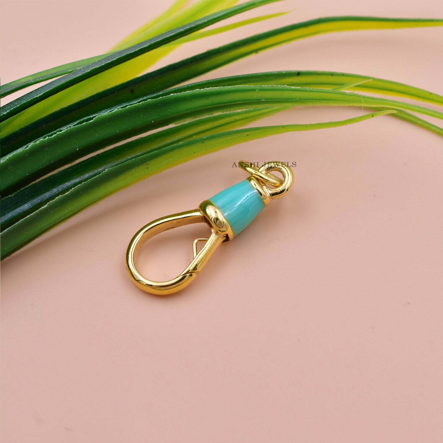 14k Solid Gold Swivel Clasp Lock, Enamel Swivel Clasp Lock, Green Enamel Charm Lock, Connector Swivel Lock - Image 2