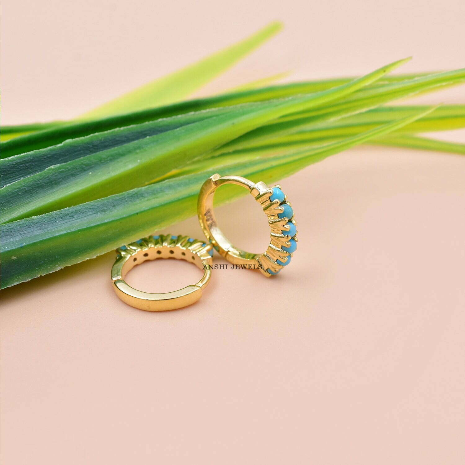14K Yellow Gold Hoop Earring, Turquoise Hoop Earring, Woman Tiny Hoop Earrings, Solid Gold Hoop Earring - Image 3