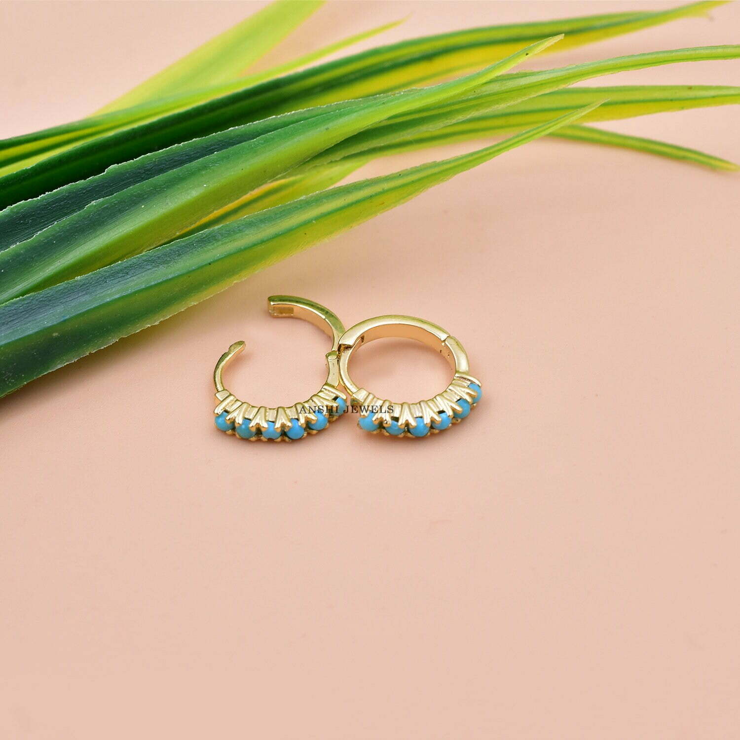 14K Yellow Gold Hoop Earring, Turquoise Hoop Earring, Woman Tiny Hoop Earrings, Solid Gold Hoop Earring - Image 2