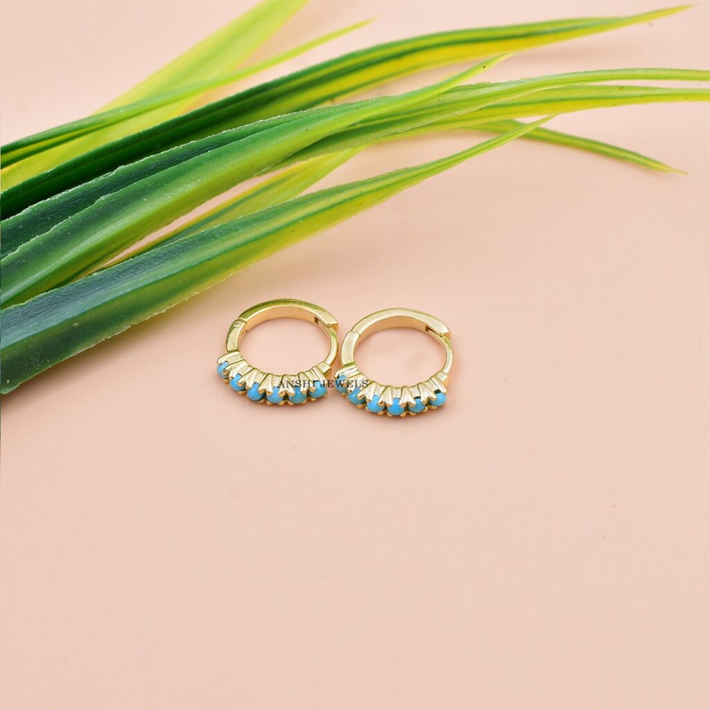 14K Yellow Gold Hoop Earring, Turquoise Hoop Earring, Woman Tiny Hoop