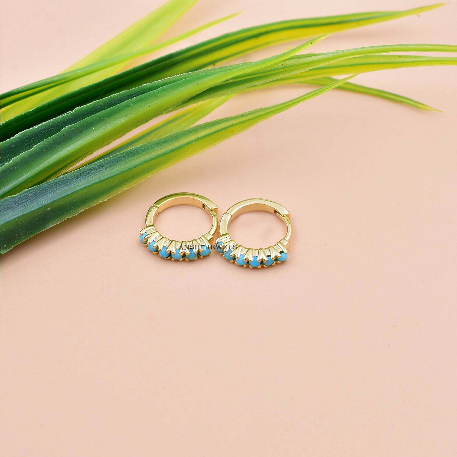 14K Yellow Gold Hoop Earring, Turquoise Hoop Earring, Woman Tiny Hoop Earrings, Solid Gold Hoop Earring