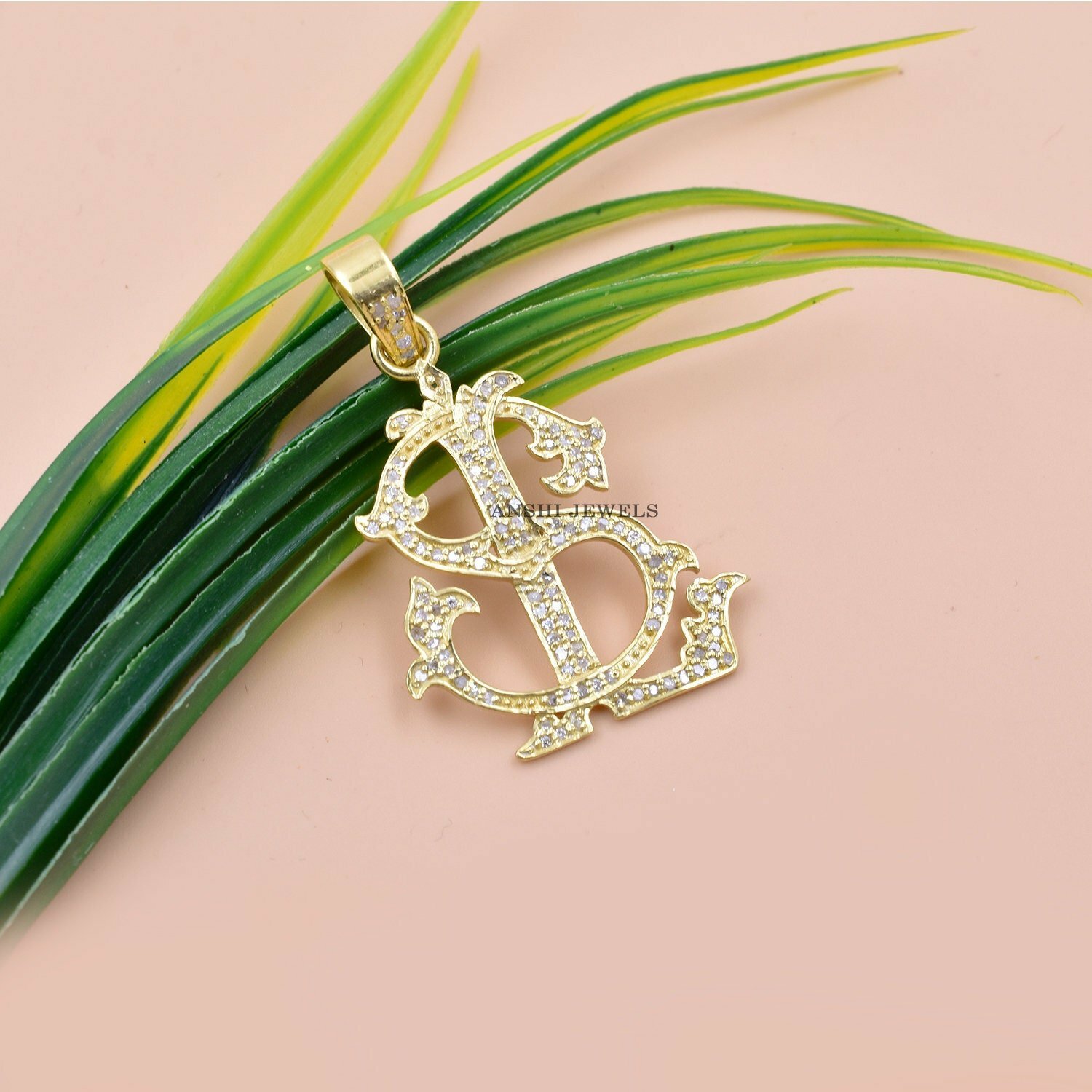 14K Yellow Gold Plated Monogram, Pave Diamond SL-LS Monogram, Initial Letter Monogram