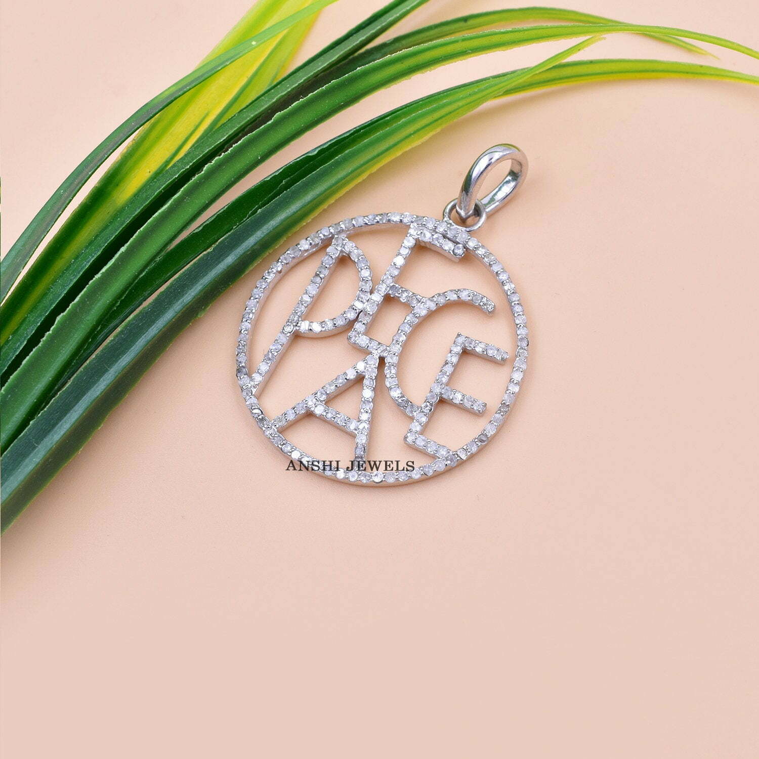 925 Sterling Silver Peace Pendant, Pave Diamond Peace Pendant, Round Peace Pendant, Diamond Peace Sign Pendant - Image 2
