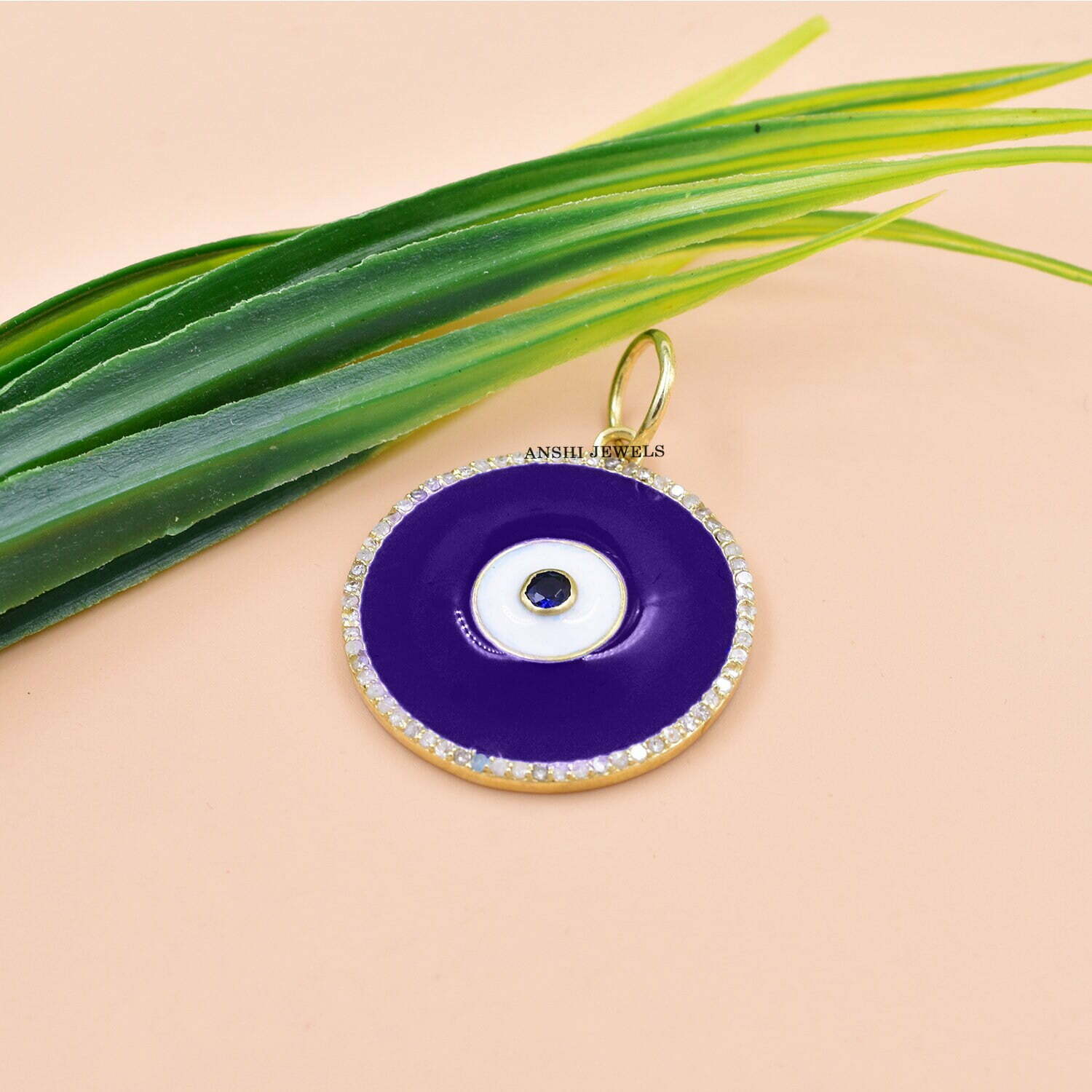 14K Gold Vermeil Round Evil Eye Pendant, Single Cut Diamond Evil Eye Pendant, White Enamel Pendant - Image 2