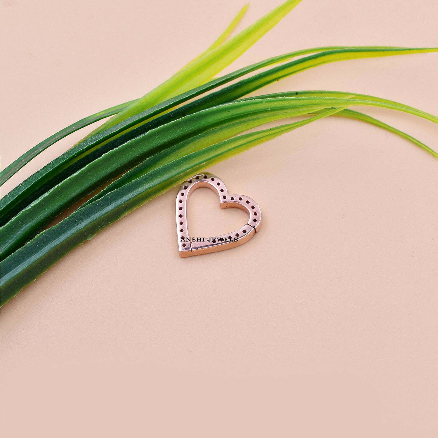 14K Rose Gold Heart Charm Lock, Pave Diamond Heart Enhancer Lock, Woman Heart Clasp Lock, Heart Charm Enhancer Push Lock - Image 3