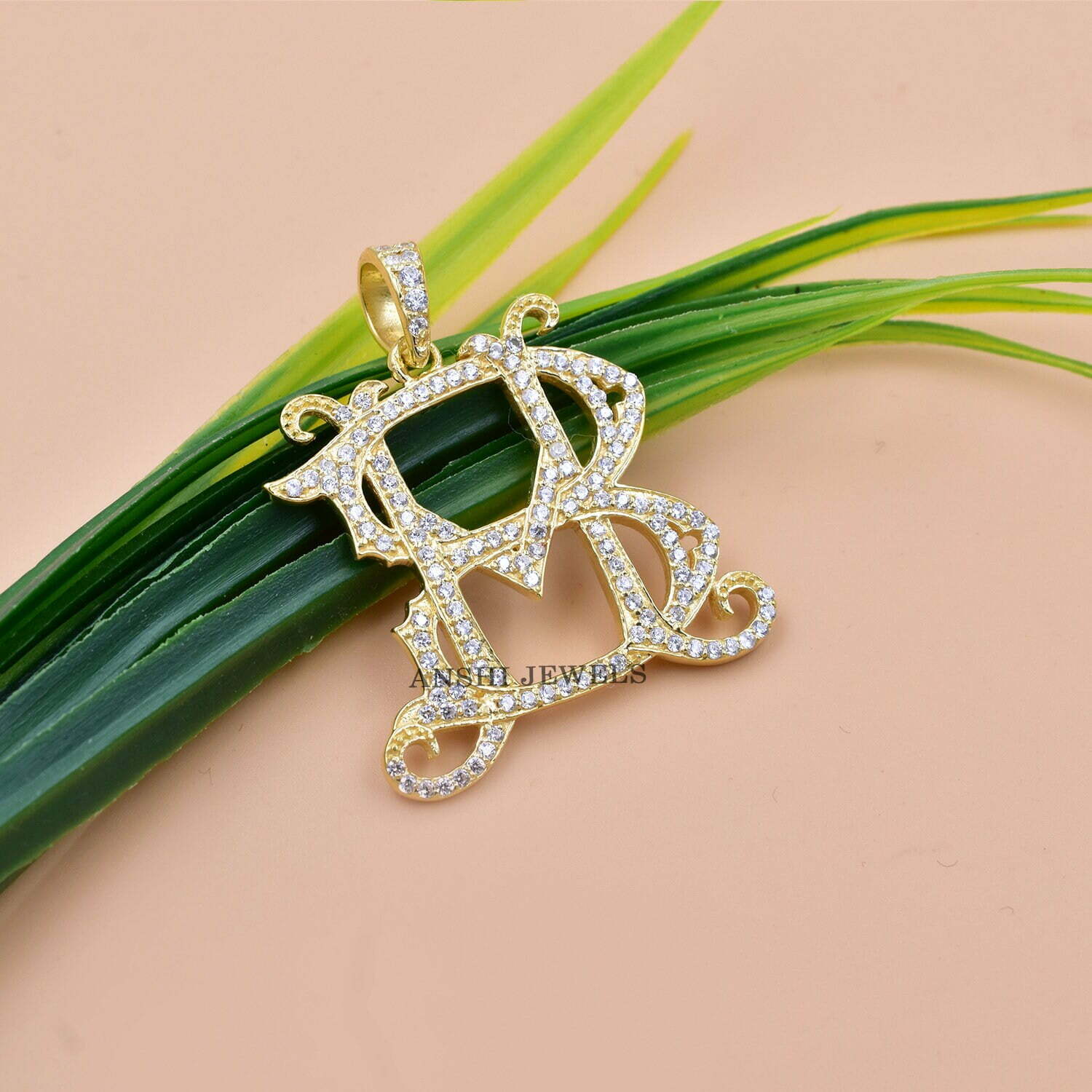 14K Yellow Gold Plated Monogram, Cubic Zirconia Monogram, BH Letter Monogram, Initial Letter Monogram, Custom Made Monogram Jewelry - Image 2