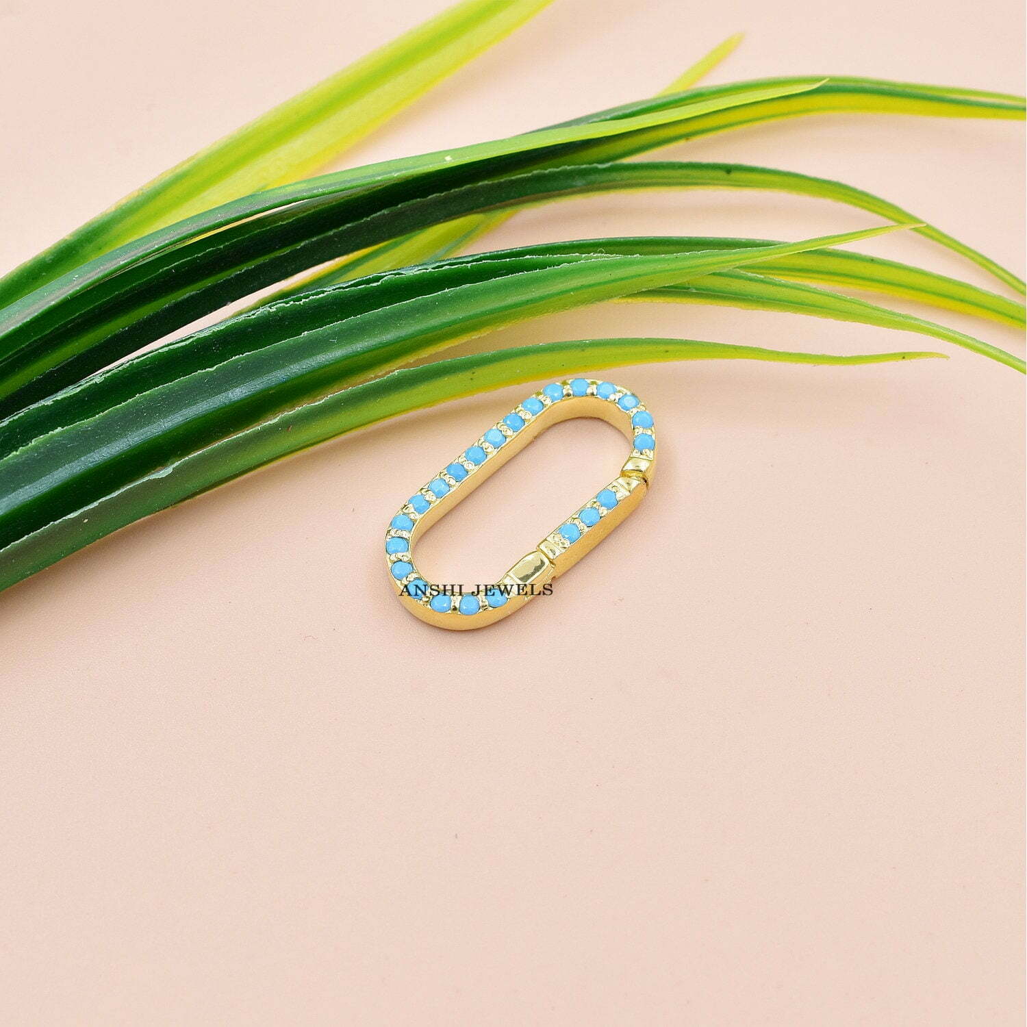 Turquoise Charms Clasp Lock, 14K Yellow Gold Enhancer Lock, Double Side Stone Charms Lock - Image 2
