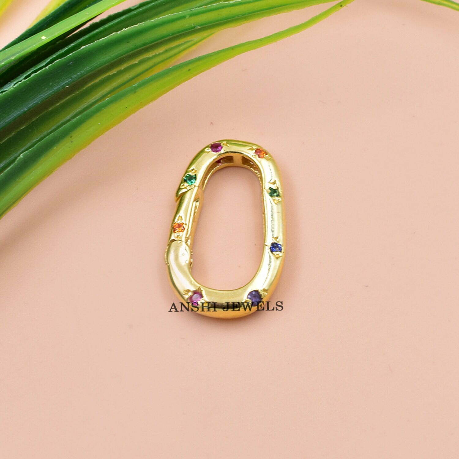 14K Yellow Gold Enhancer Lock, Multi Stone Charms Clicker Lock, Double Side Stone Charms Lock - Image 5