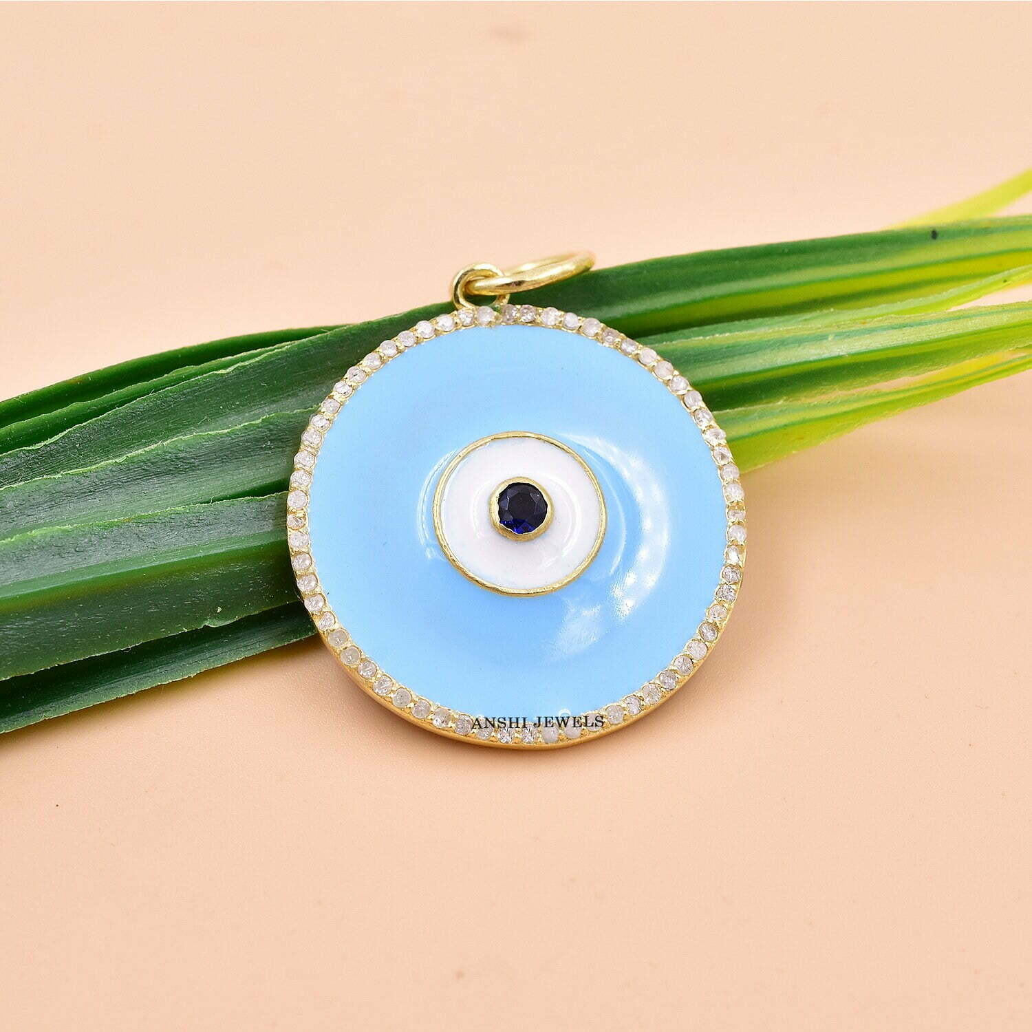 14K Gold Vermeil Round Evil Eye Pendant, Single Cut Diamond Evil Eye Pendant, White Enamel Pendant - Image 4