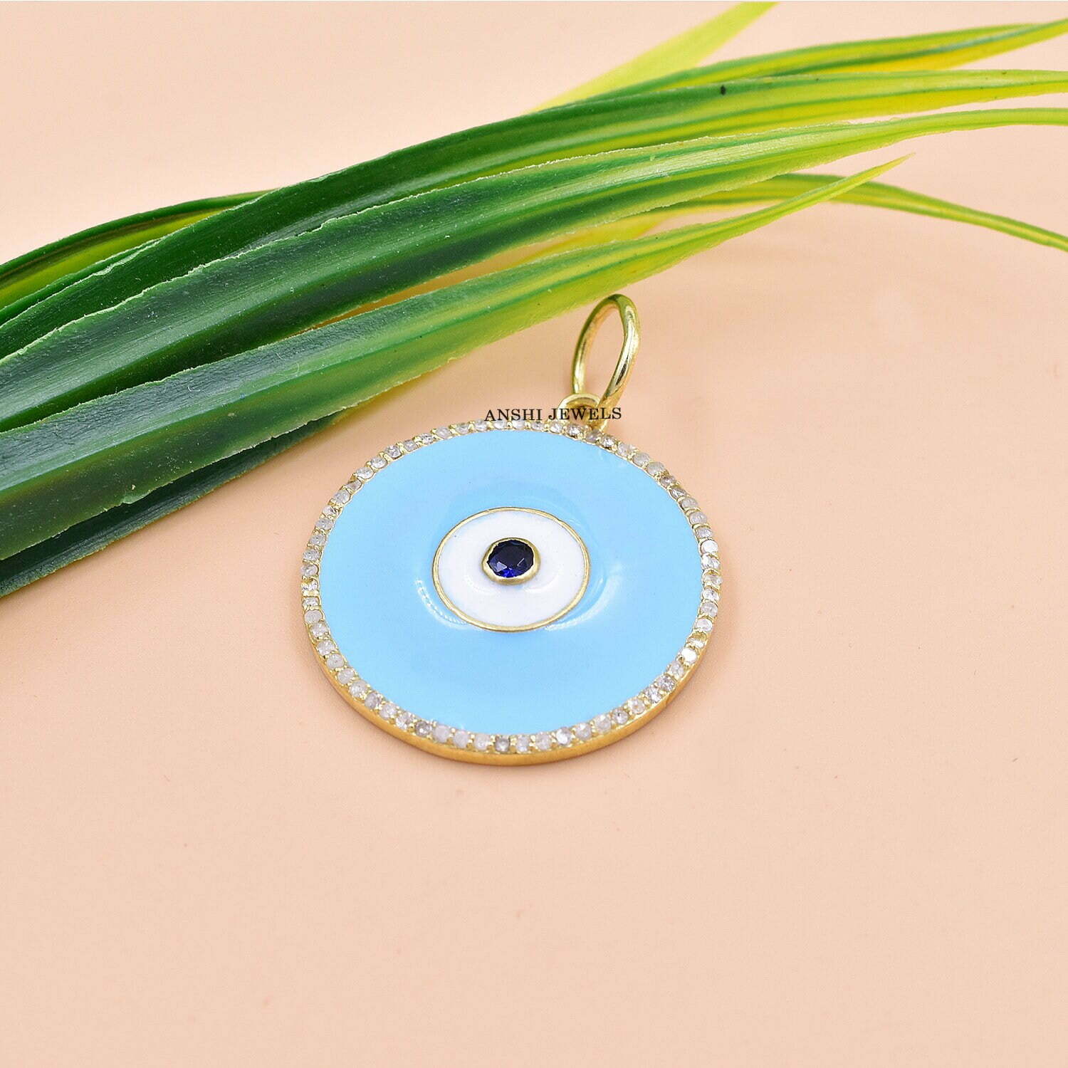 14K Gold Vermeil Round Evil Eye Pendant, Single Cut Diamond Evil Eye Pendant, White Enamel Pendant - Image 5
