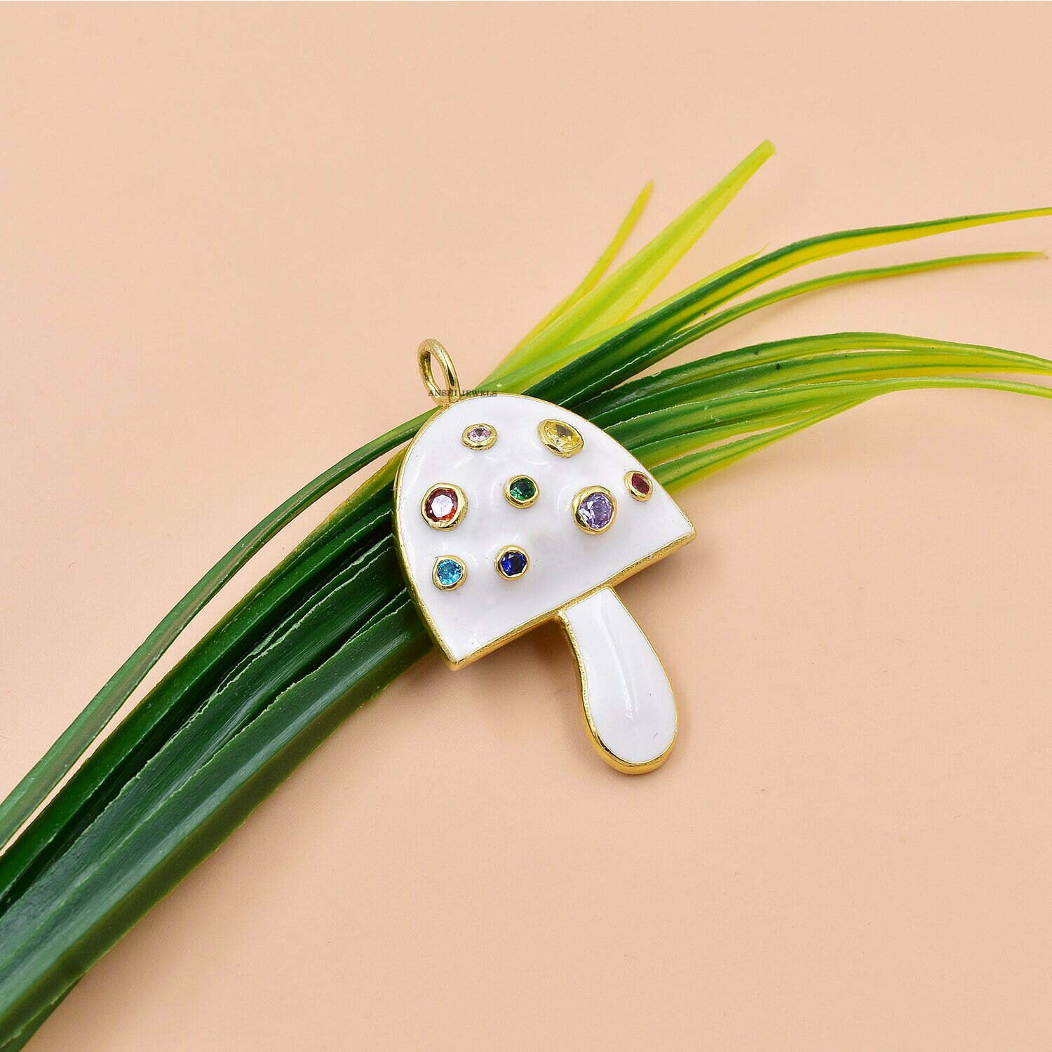 Multi Stone Mushroom, 14K Yellow Gold Plated Mushroom, White Enamel Mushroom