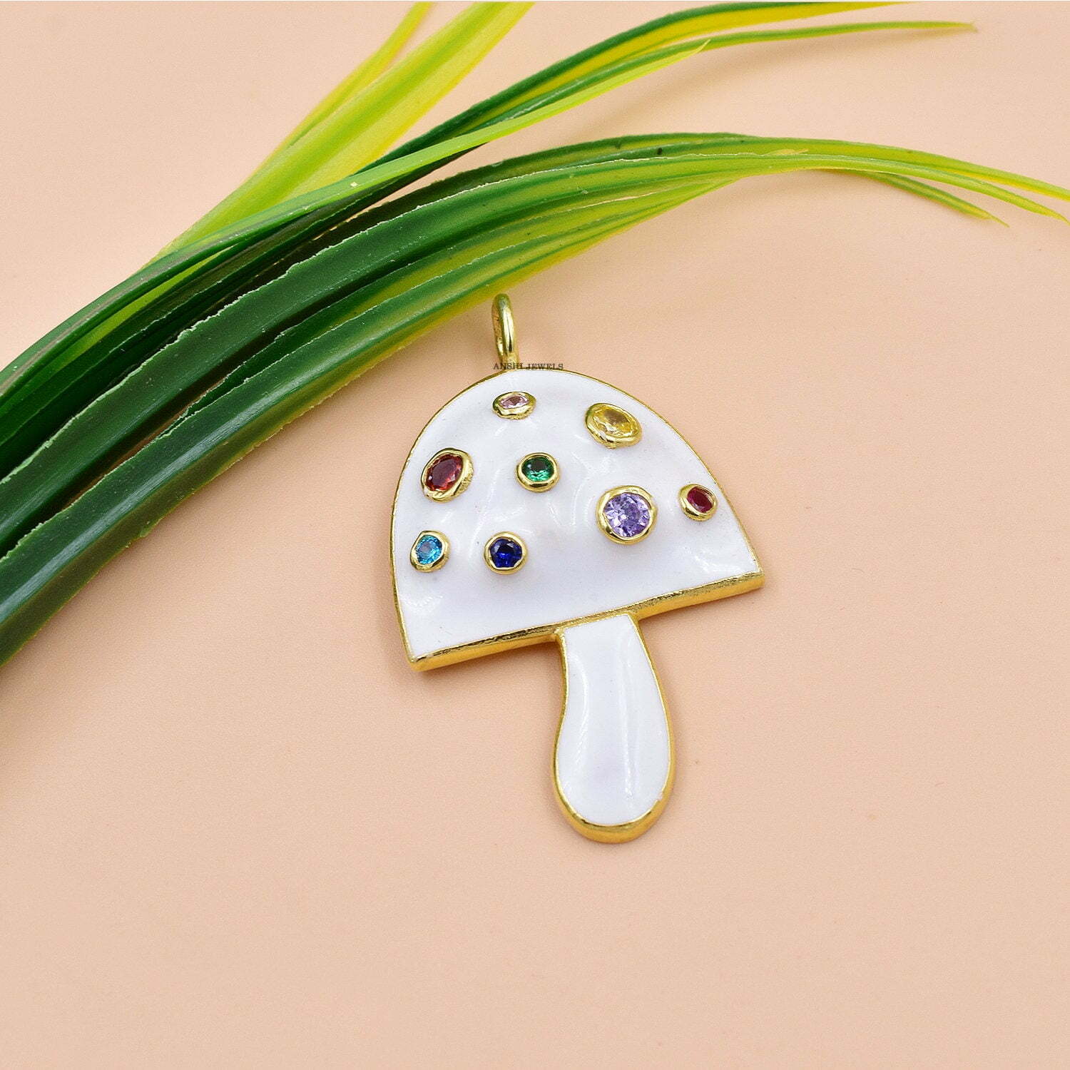 Multi Stone Mushroom, 14K Yellow Gold Plated Mushroom, White Enamel Mushroom - Image 3