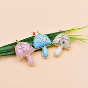 14K Yellow Gold Plated Mushroom, Multi Stone & White Topaz Mushroom, Moonstone, Turquoise, Roz Quartz Mushroom