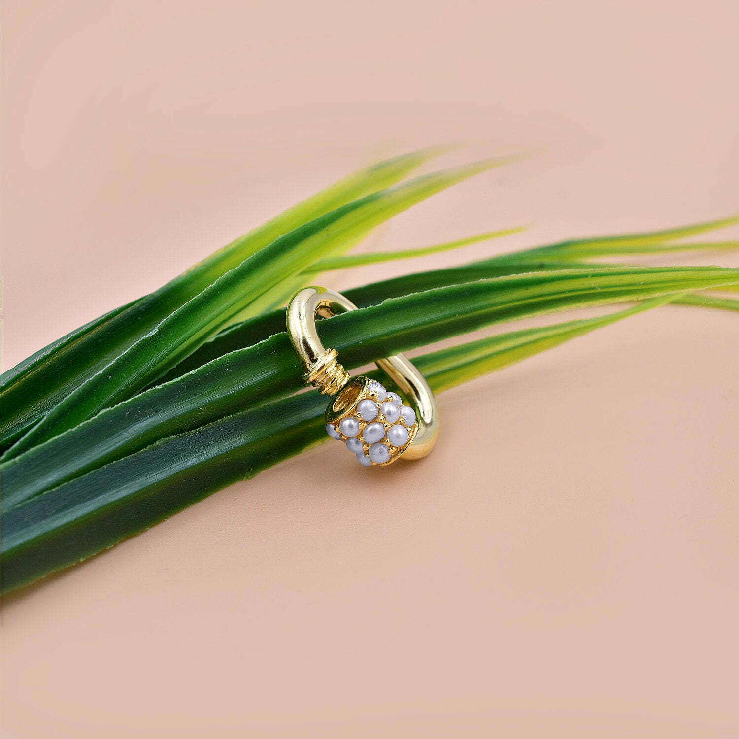 14K Yellow Gold Pearl Carabiner Lock, Pearl Beads Screw Lock - Image 4