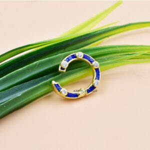 14K Yellow Gold Round Charm Clasp Lock, Single Cut Diamond Charm Push Lock, Blue Enamel Round Charm