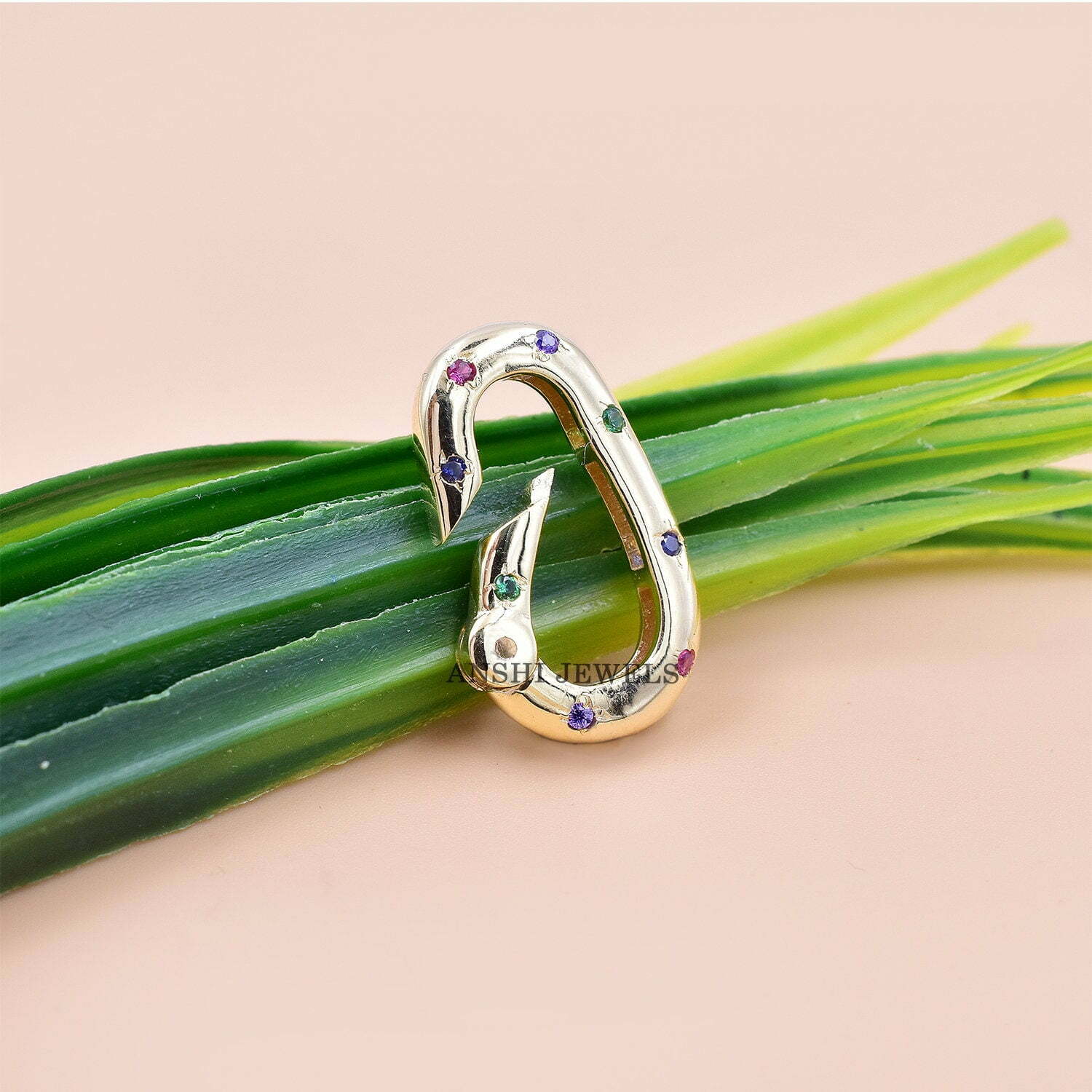 14K Yellow Gold Enhancer Lock, Multi Stone Charms Clicker Lock, Double Side Stone Charms Lock - Image 3