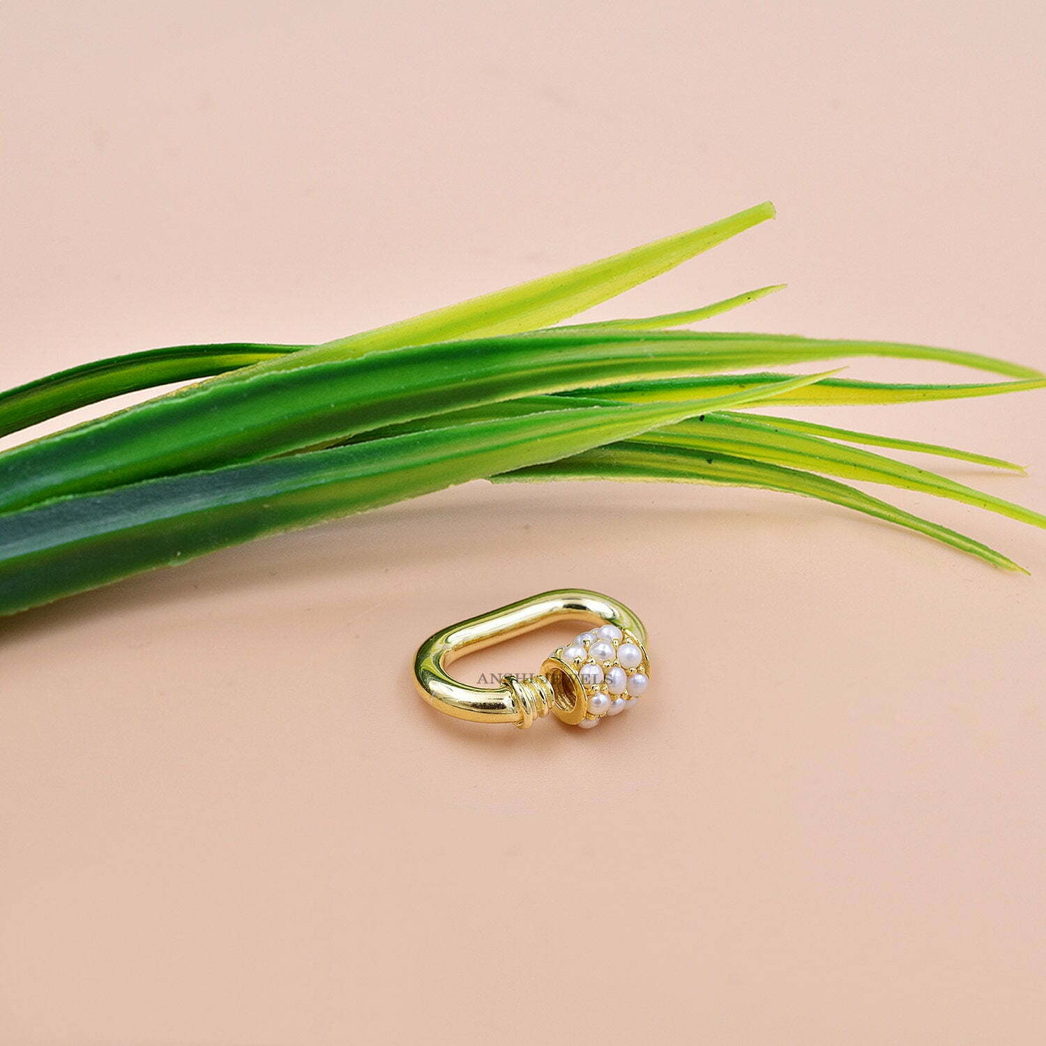 14K Yellow Gold Pearl Carabiner Lock, Pearl Beads Screw Lock - Image 3