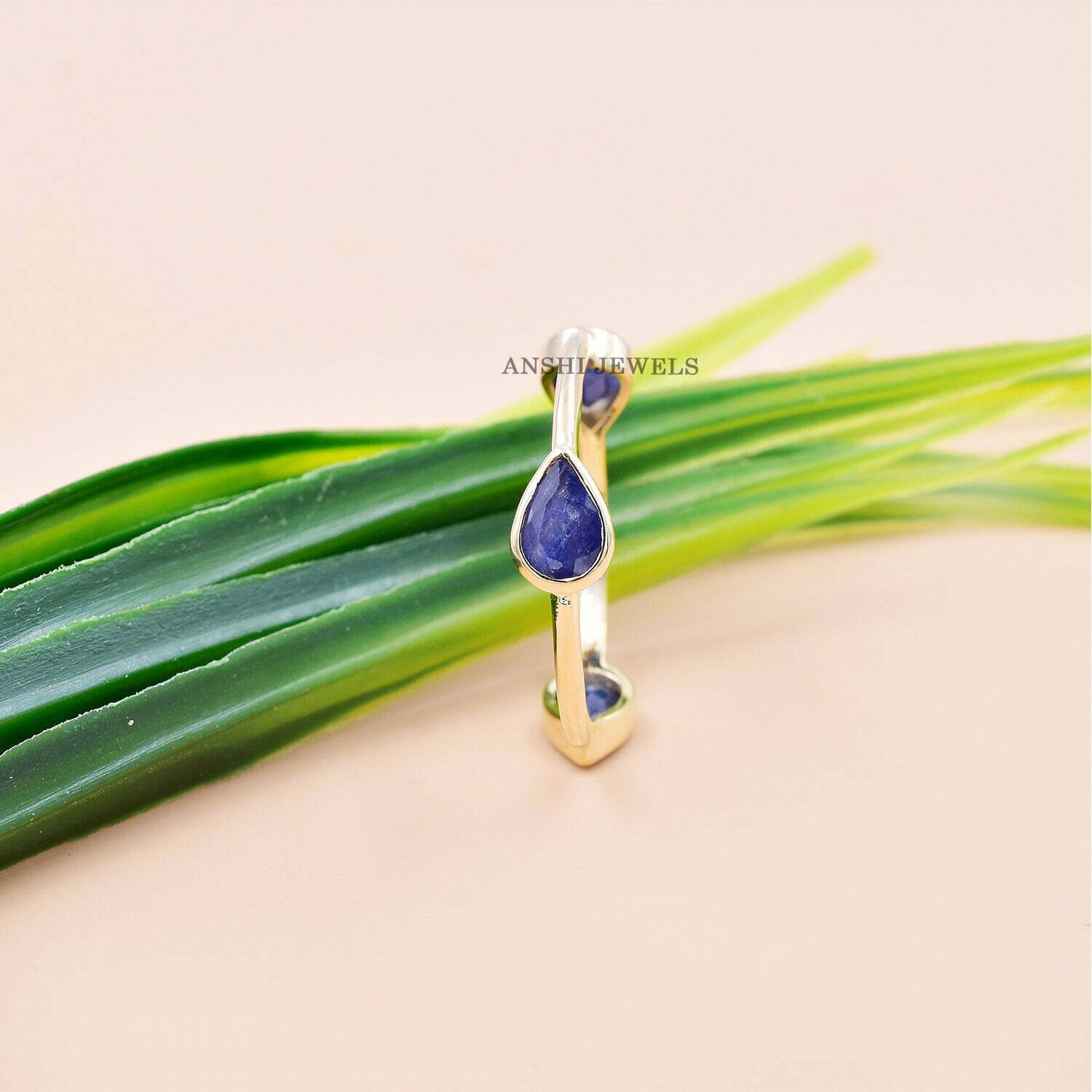 14K Yellow Gold Band Ring, Pear Cut Blue Sapphire Band Ring, Three Pear Cut Stone Band Ring, Infinity Band Ring - Image 3