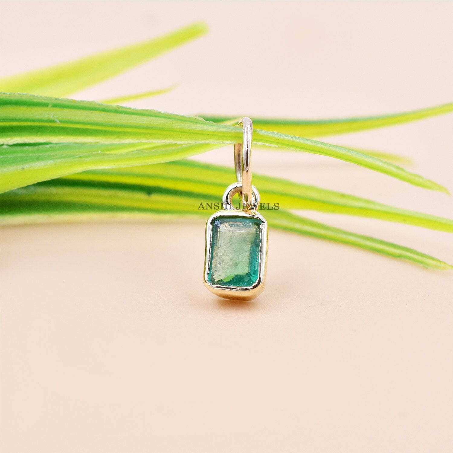 14K Yellow Gold Square Charm, Emerald Charm Pendant, Woman Mini Gold Charm - Image 2