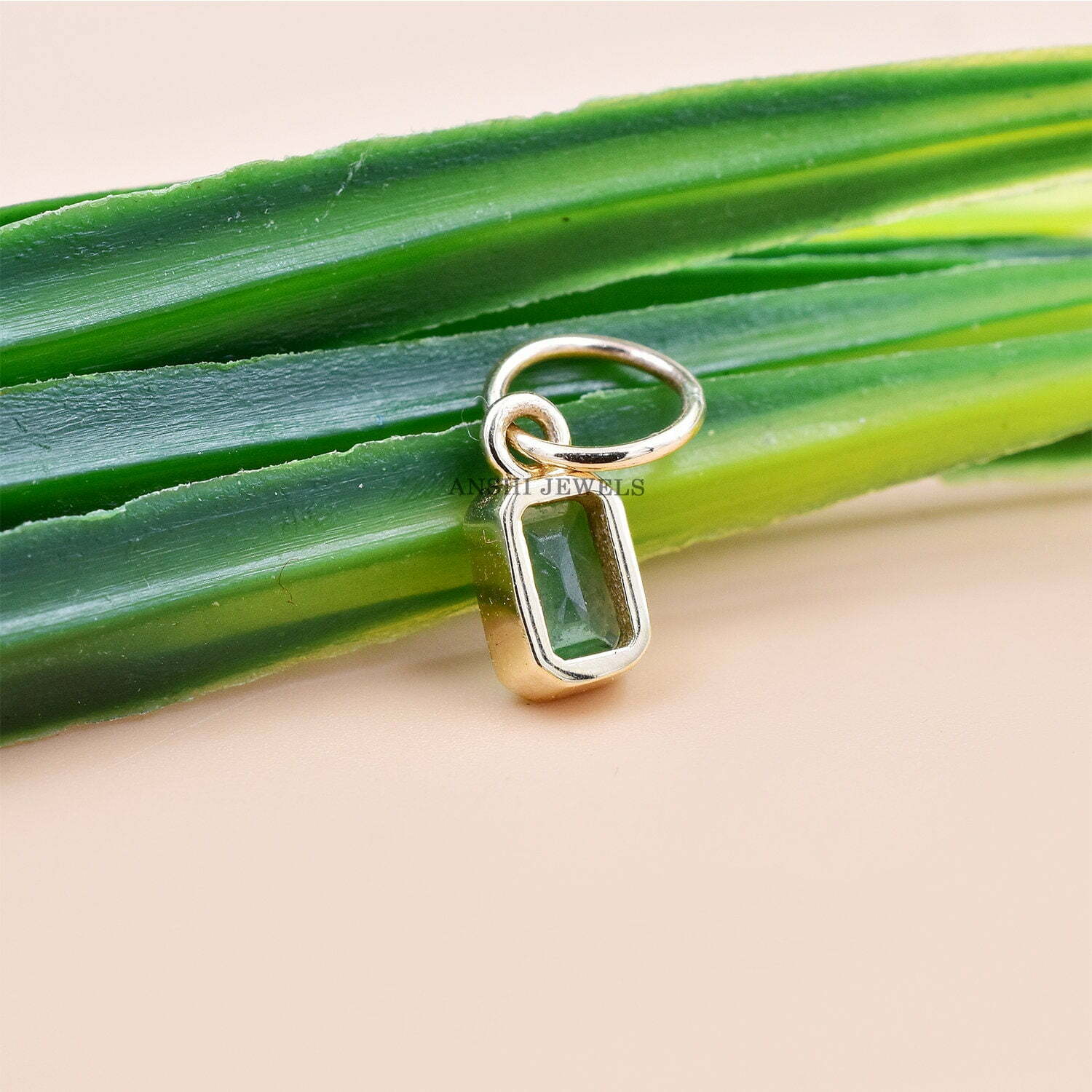 14K Yellow Gold Square Charm, Emerald Charm Pendant, Woman Mini Gold Charm - Image 3