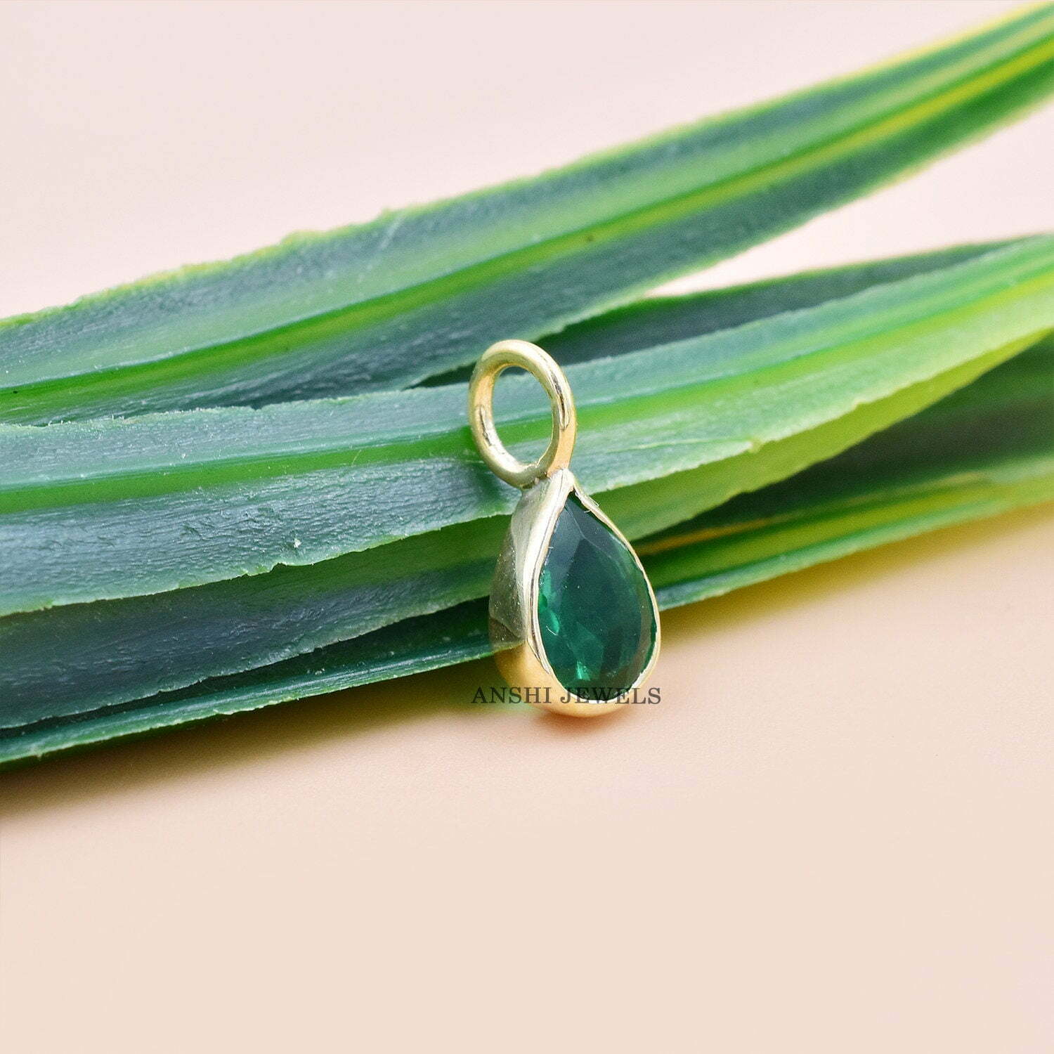14K Yellow Gold Drop Shape Charm, Pear Cut Emerald Charm Pendant, Woman Mini Gold Charm - Image 3