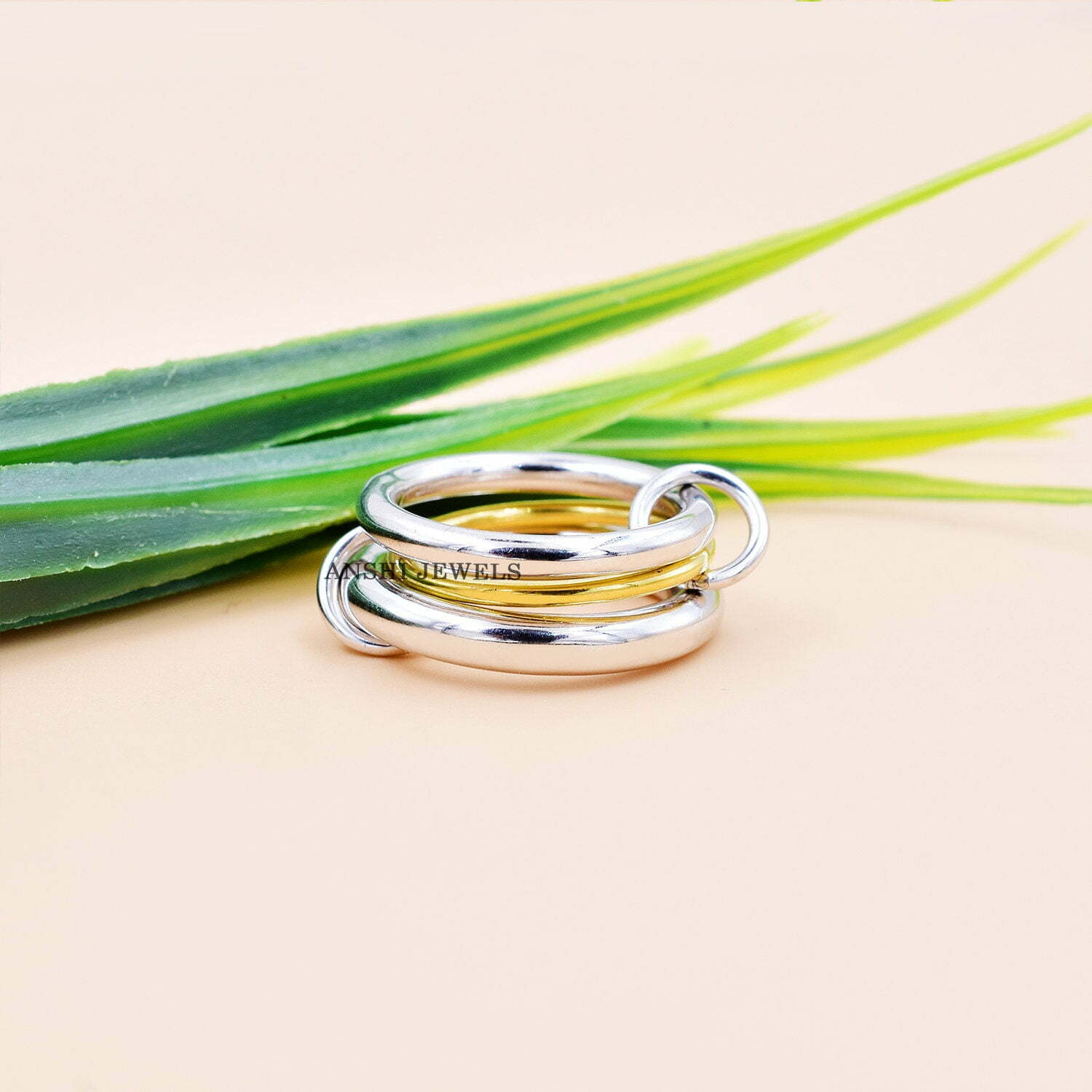 14K Yellow Gold Vermeil & Silver Band Ring, Plain Silver 3 Set Band Ring, Enter Locking Band Ring, Woman 3 Set Multi Connector Band Ring