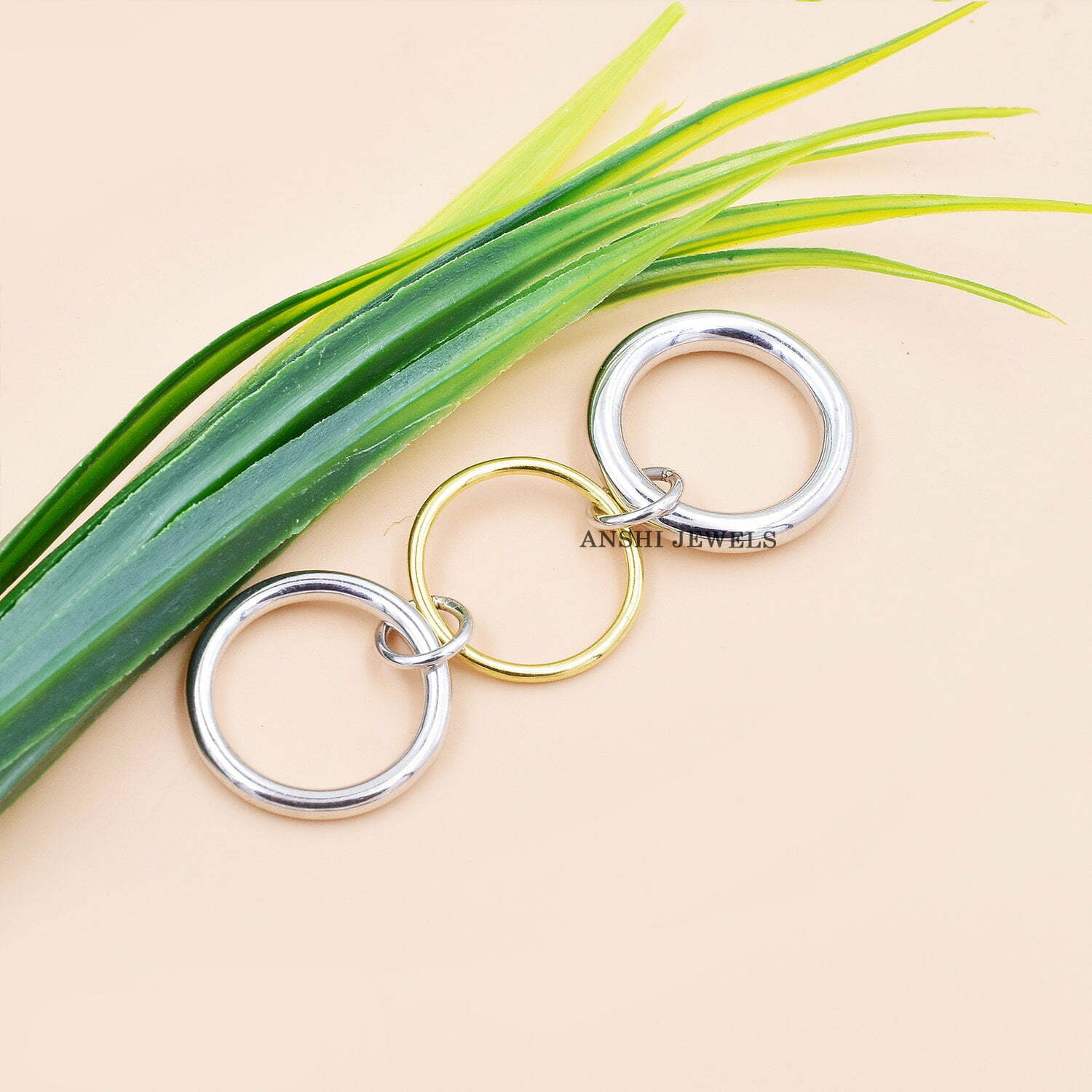 14K Yellow Gold Vermeil & Silver Band Ring, Plain Silver 3 Set Band Ring, Enter Locking Band Ring, Woman 3 Set Multi Connector Band Ring - Image 3