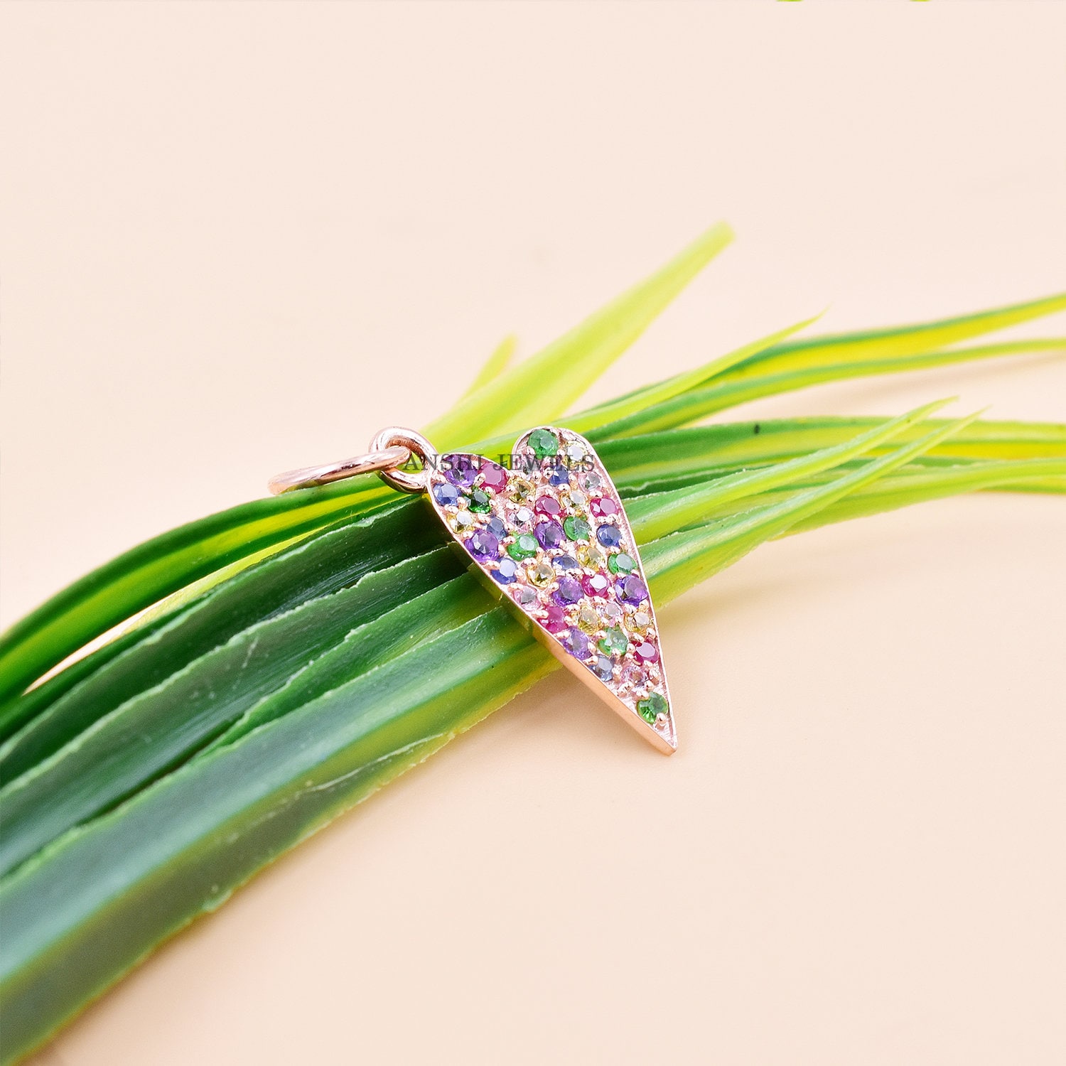 14k Rose Gold Heart Charm, Gold Multi Sapphire Heart Pendant, Gemstone Heart Charm - Image 2