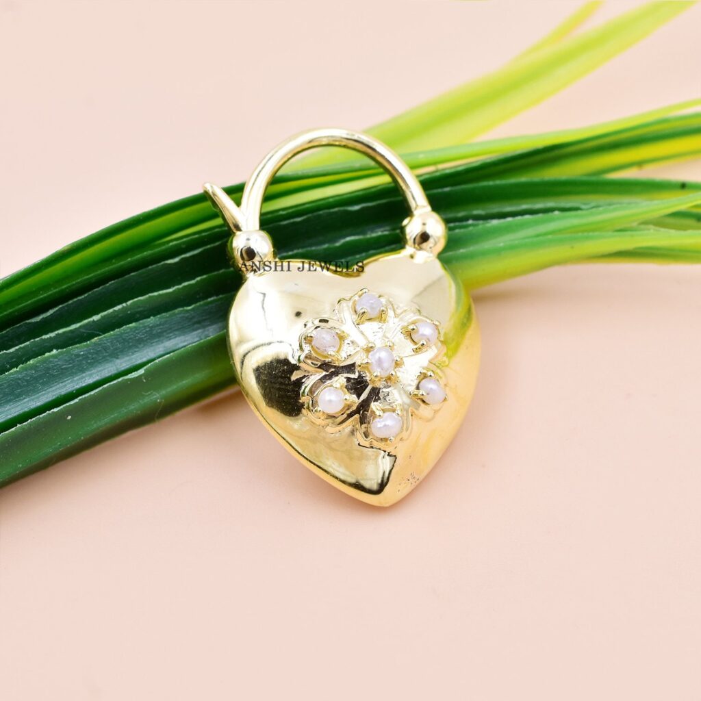 14K Yellow Gold Vermeil Padlock, Pearl Designer Padlock, Heart Oval