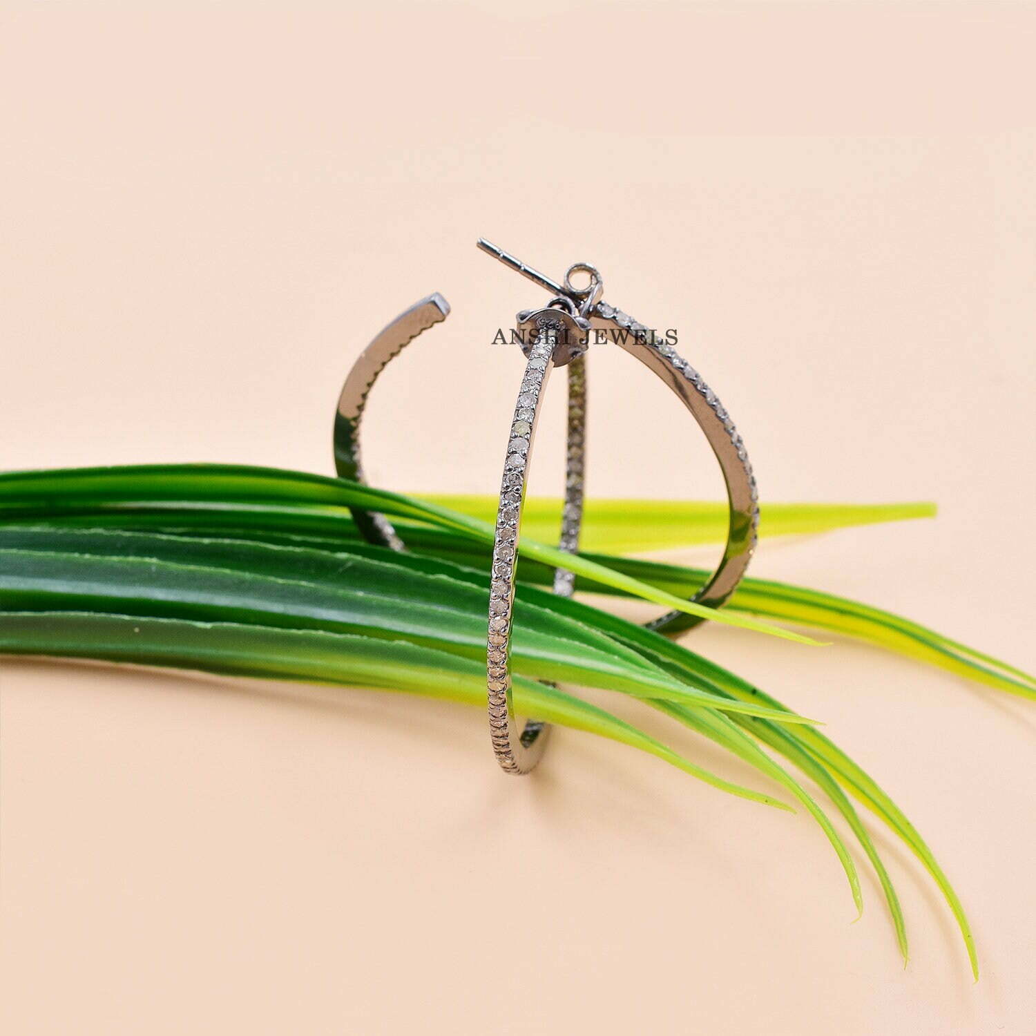 Gray plated designer earring, Designer diamond hoop earring, 925 sterling silver diamond hoop earring - Image 3