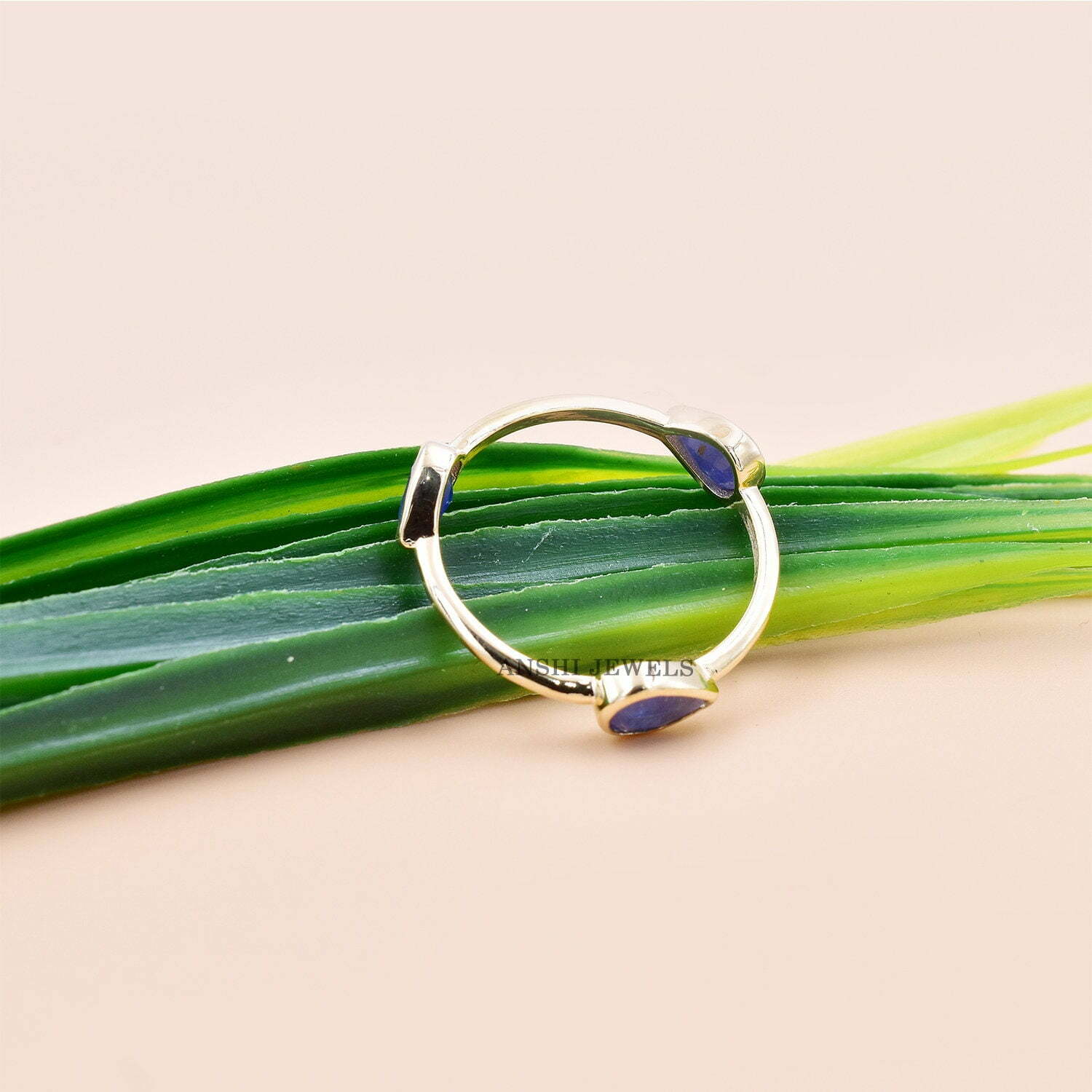 14K Yellow Gold Band Ring, Pear Cut Blue Sapphire Band Ring, Three Pear Cut Stone Band Ring, Infinity Band Ring - Image 2