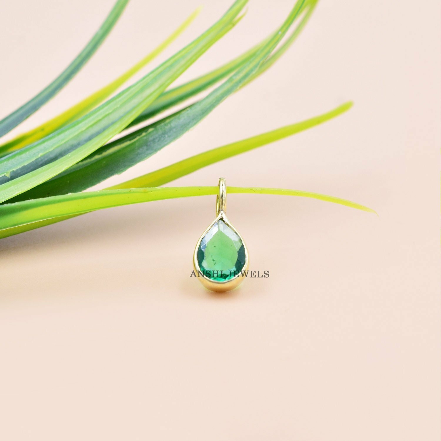 14K Yellow Gold Drop Shape Charm, Pear Cut Emerald Charm Pendant, Woman Mini Gold Charm - Image 4