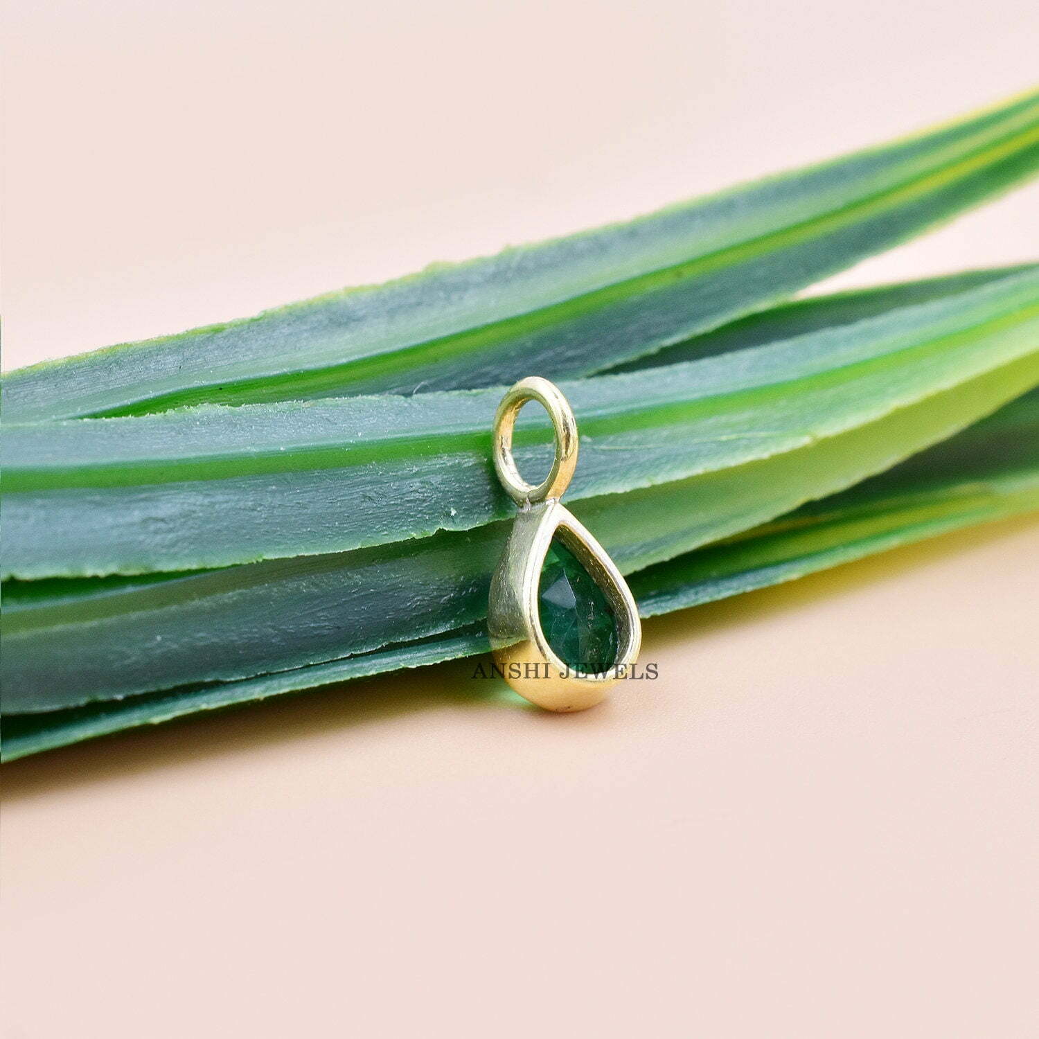 14K Yellow Gold Drop Shape Charm, Pear Cut Emerald Charm Pendant, Woman Mini Gold Charm - Image 2