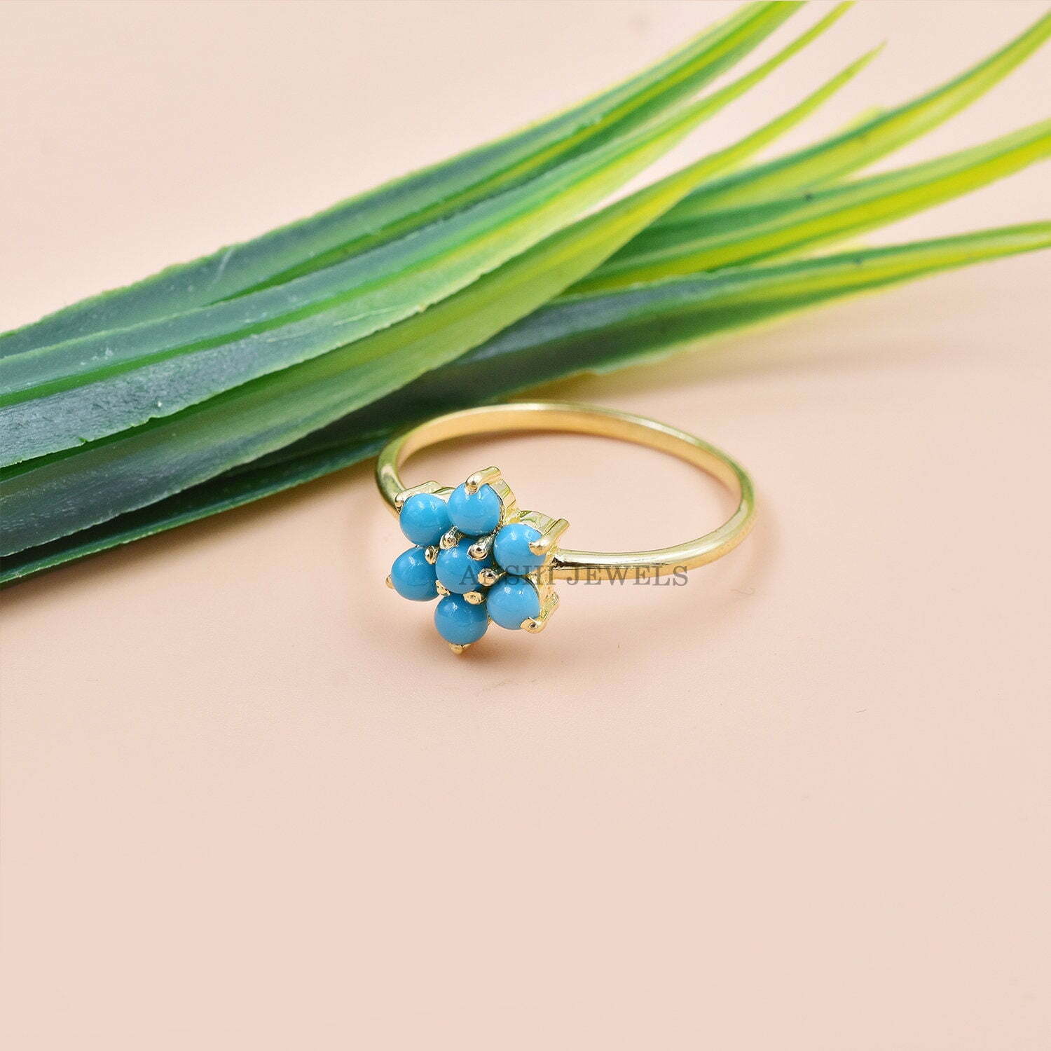 Turquoise Band Ring, 14K Gold Vermeil Band Ring, Women Turquoise Ring, Thin Turquoise Band Ring - Image 5